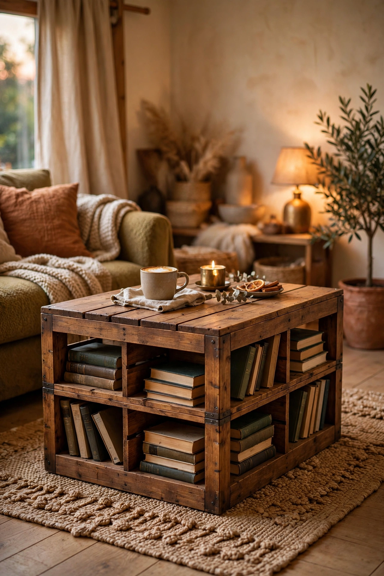 Rustic coffee table made from stacked stained wine crates