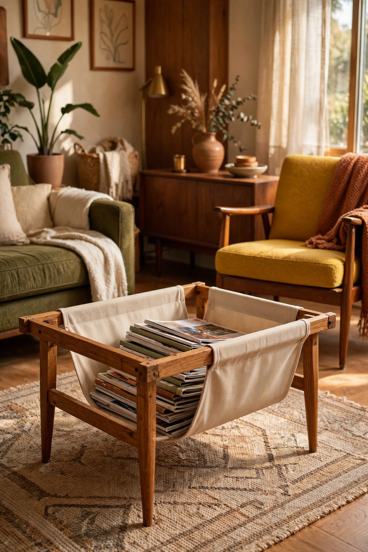 DIY leather sling coffee table with wooden frame in a mid-century living room