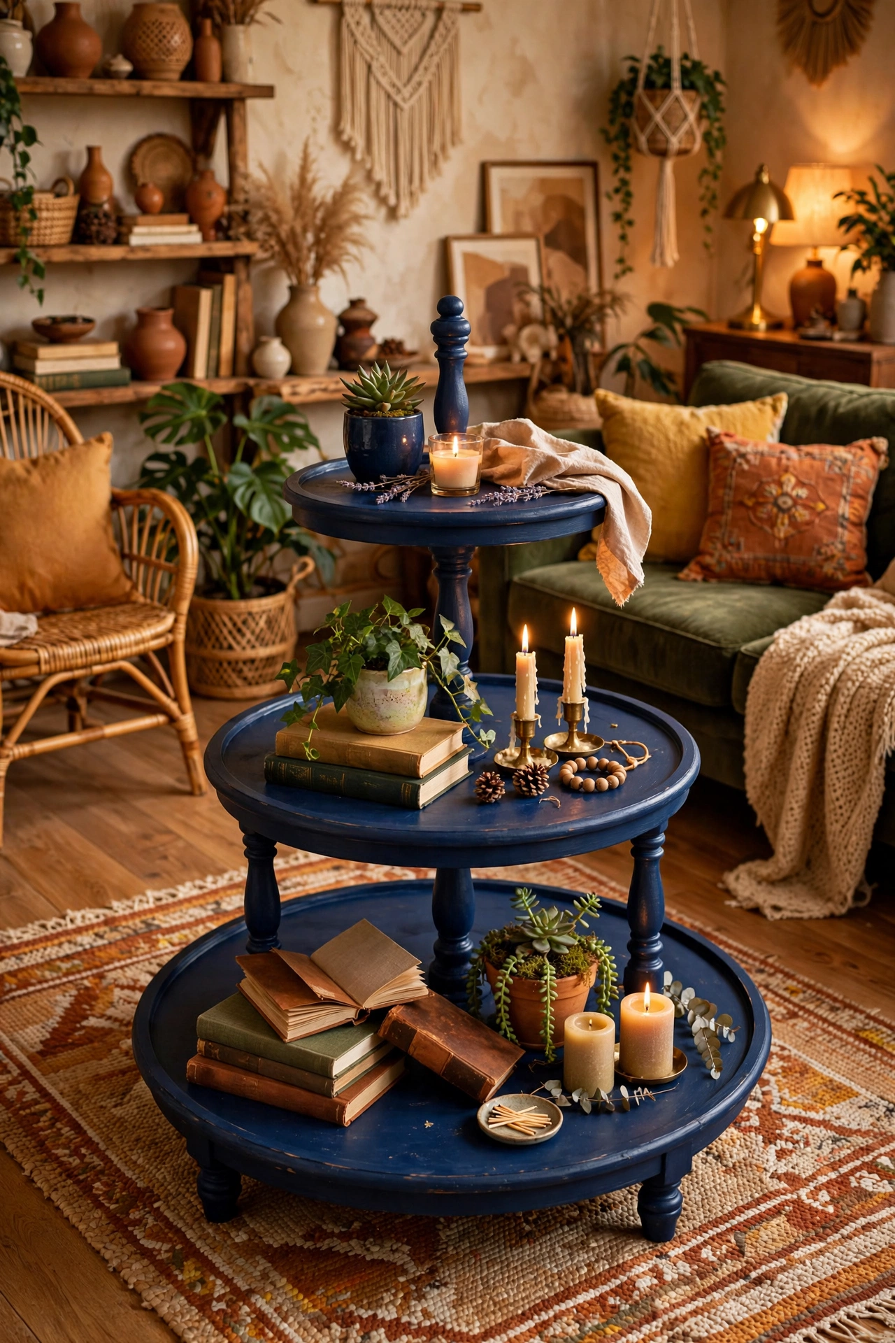 Tiered plant stand painted navy used as a coffee table with display levels