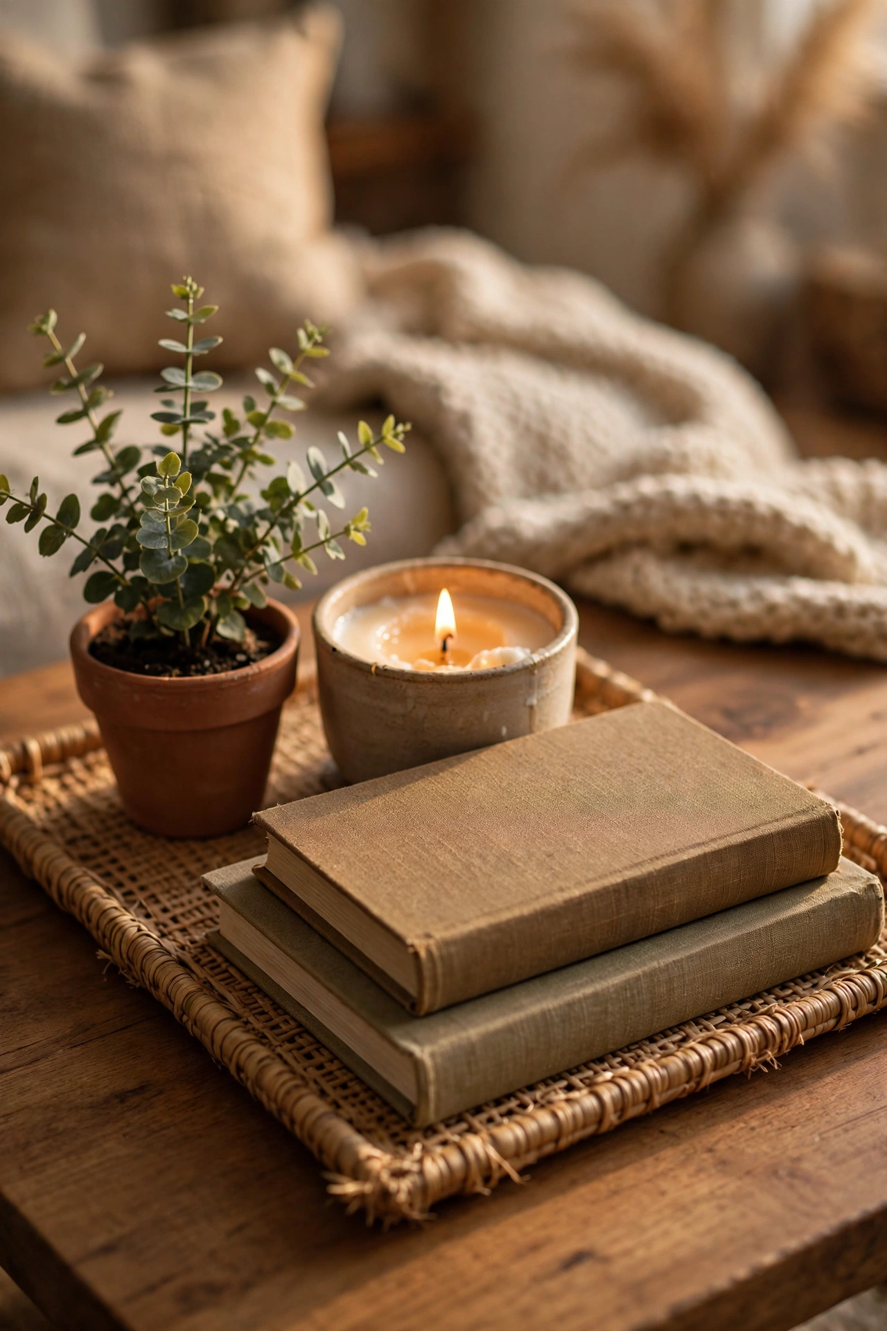 Perfectly styled coffee table tray with candle, plant and books