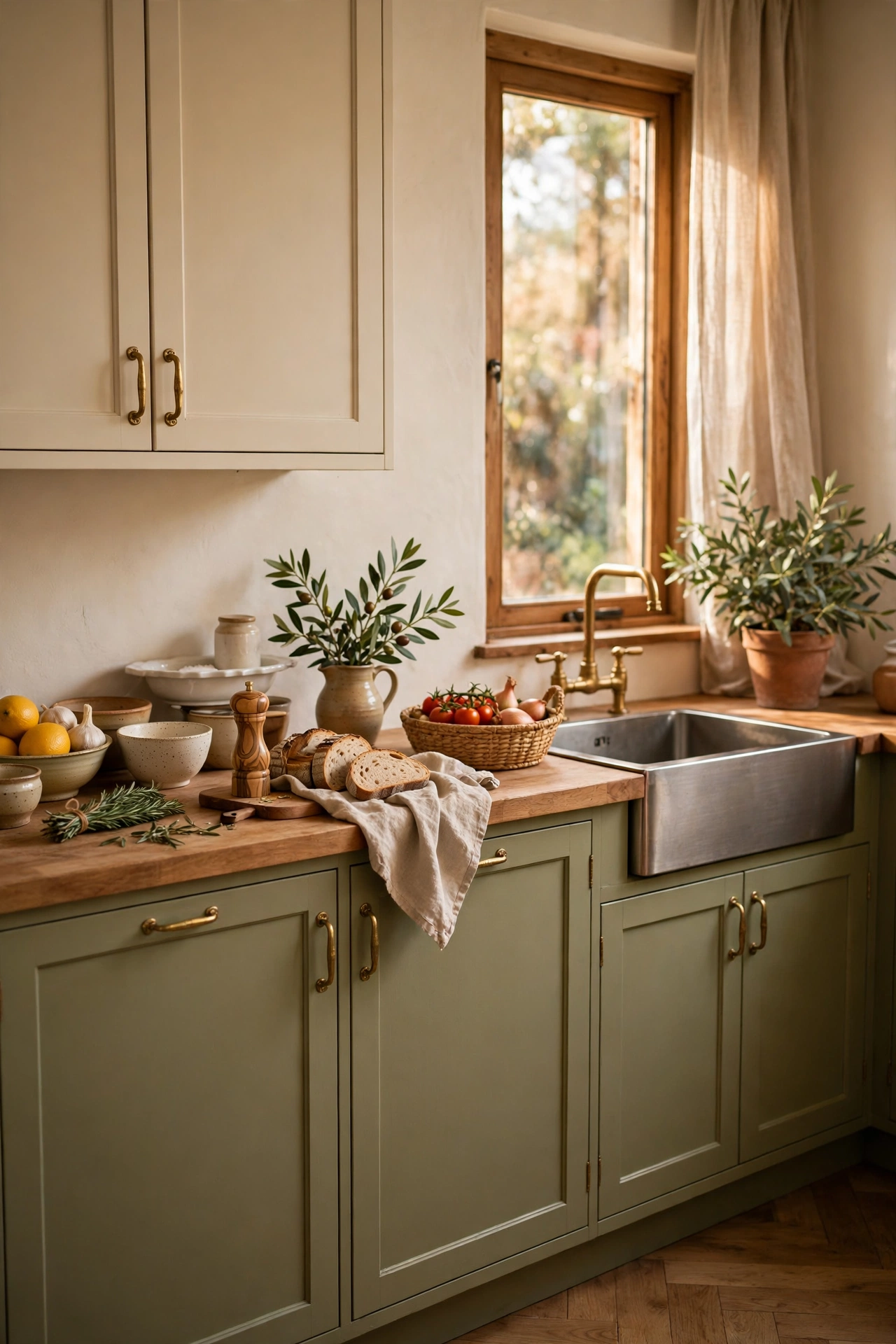Olive green painted lower kitchen cabinets with cream uppers