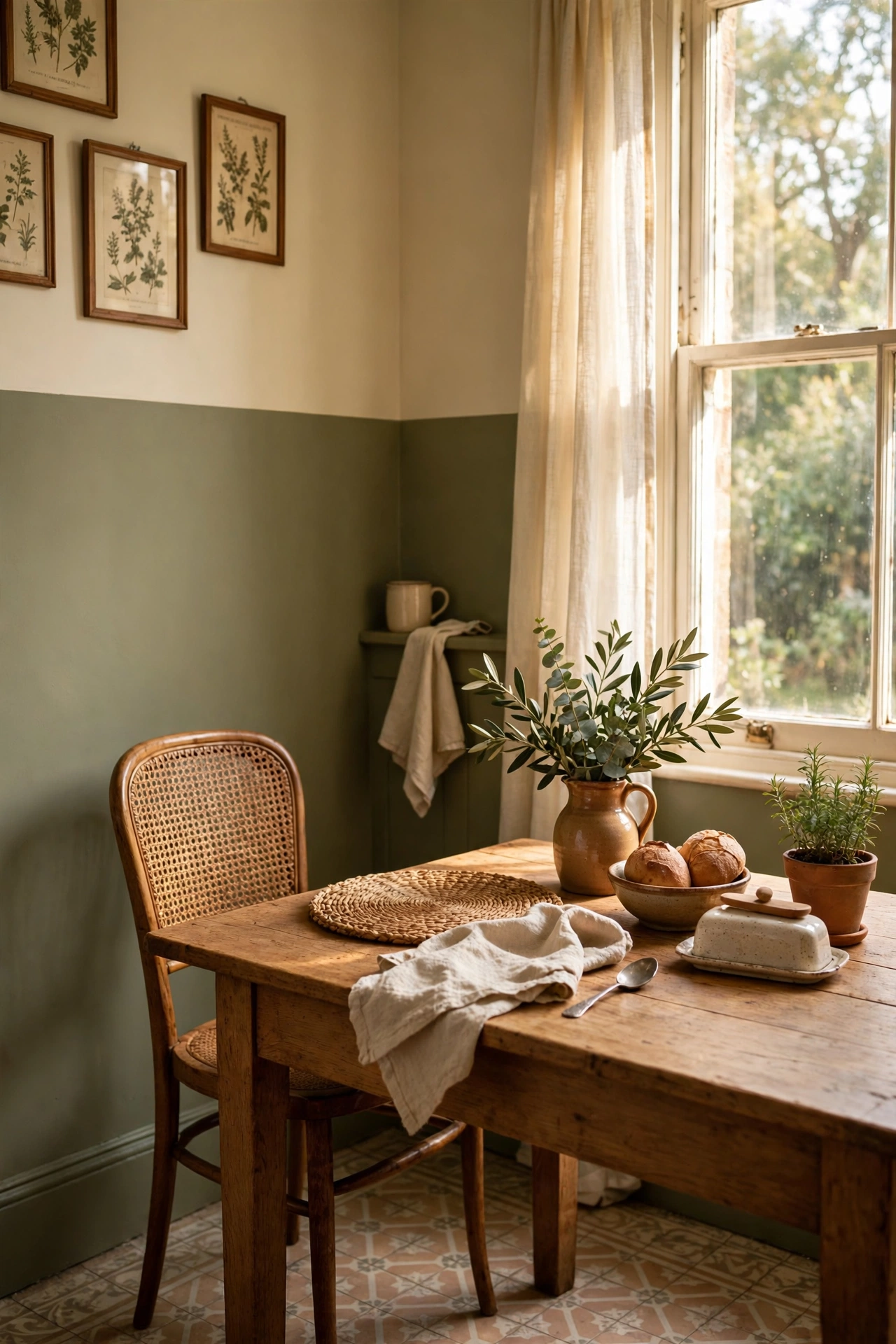 Kitchen wall colour-blocked olive green below and cream above