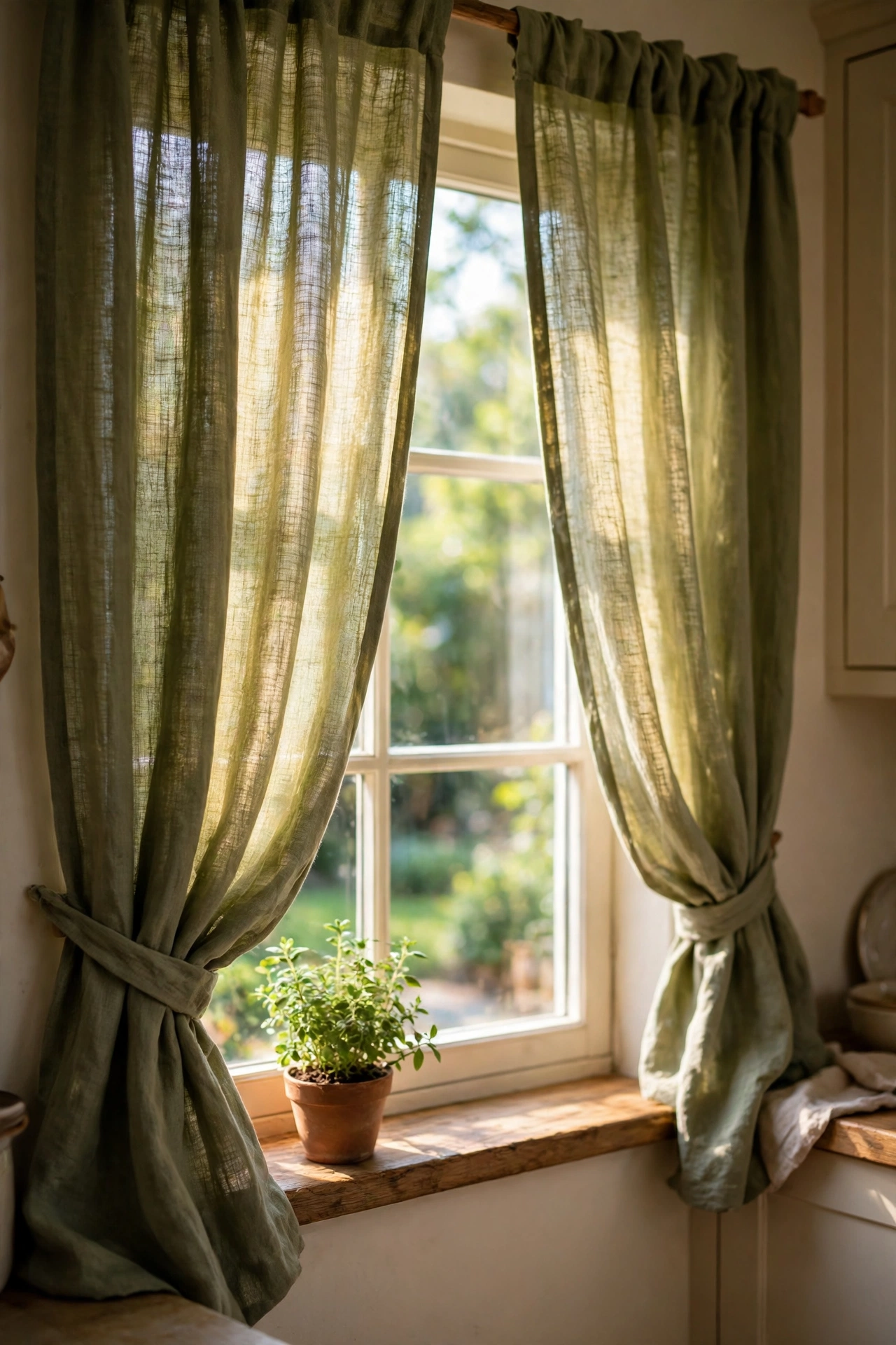 Olive linen cafe curtains glowing in daylight on a kitchen window
