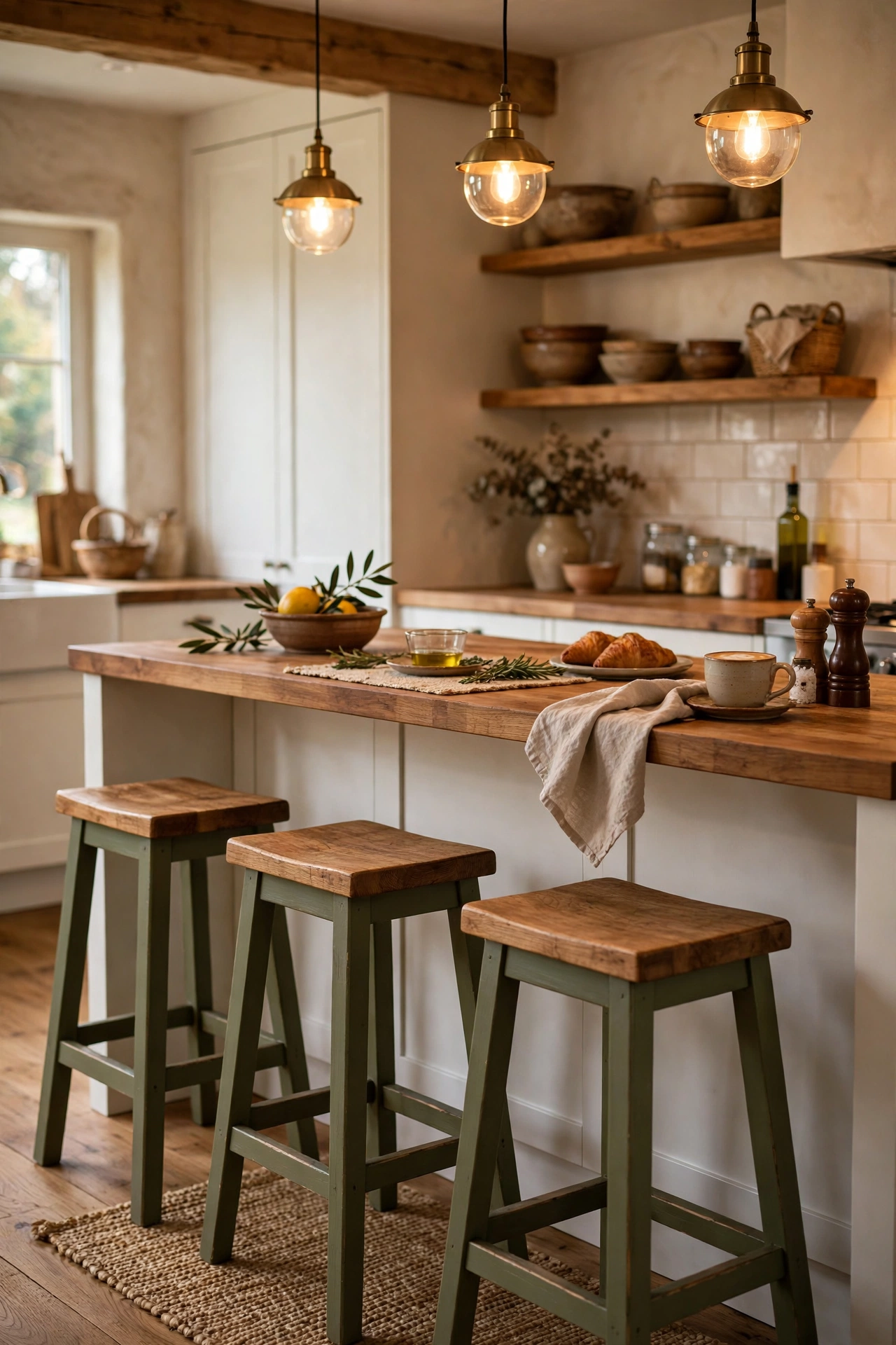 Bar stools with olive painted legs and natural wooden seats