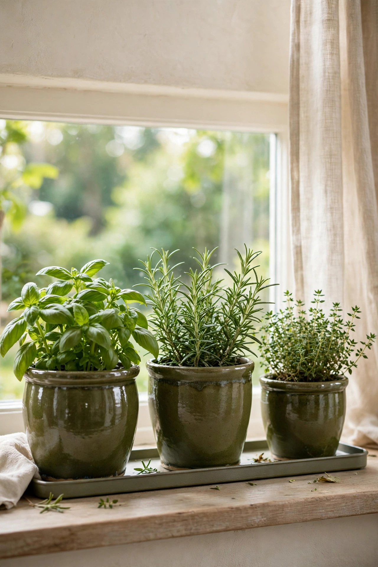 Olive glazed ceramic pots with kitchen herbs on a windowsill