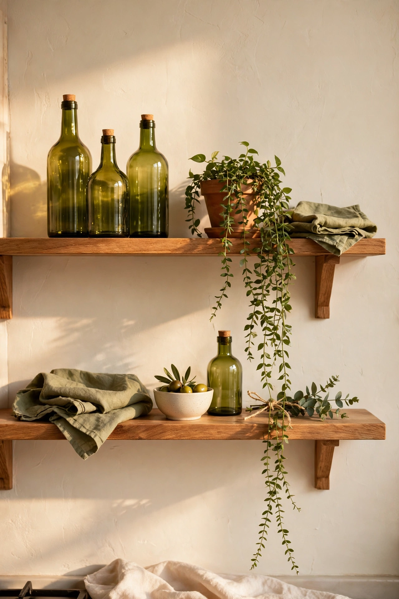 Open kitchen shelves styled with olive glass bottles and plants