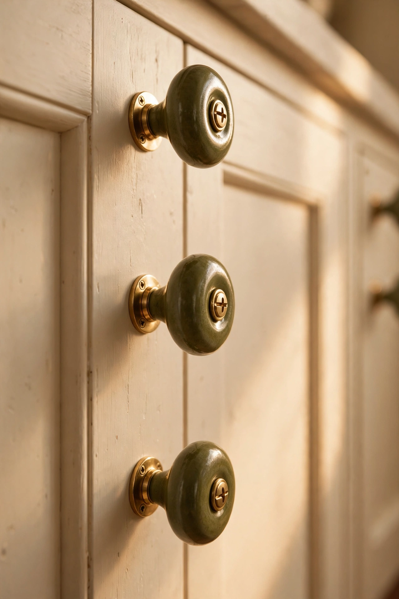 Cream cabinets with olive green knobs and brass screws