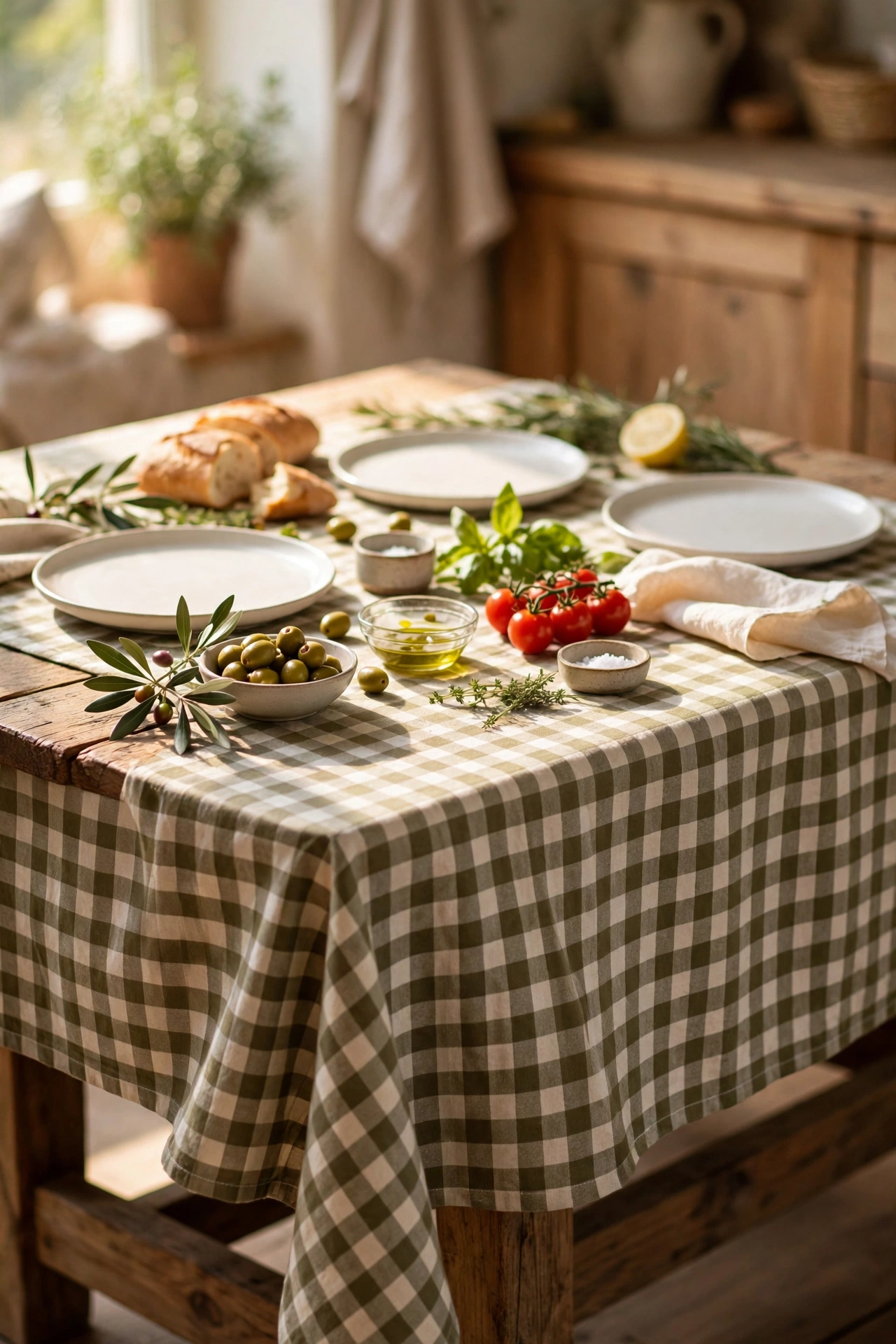Olive and cream gingham tablecloth on a kitchen table