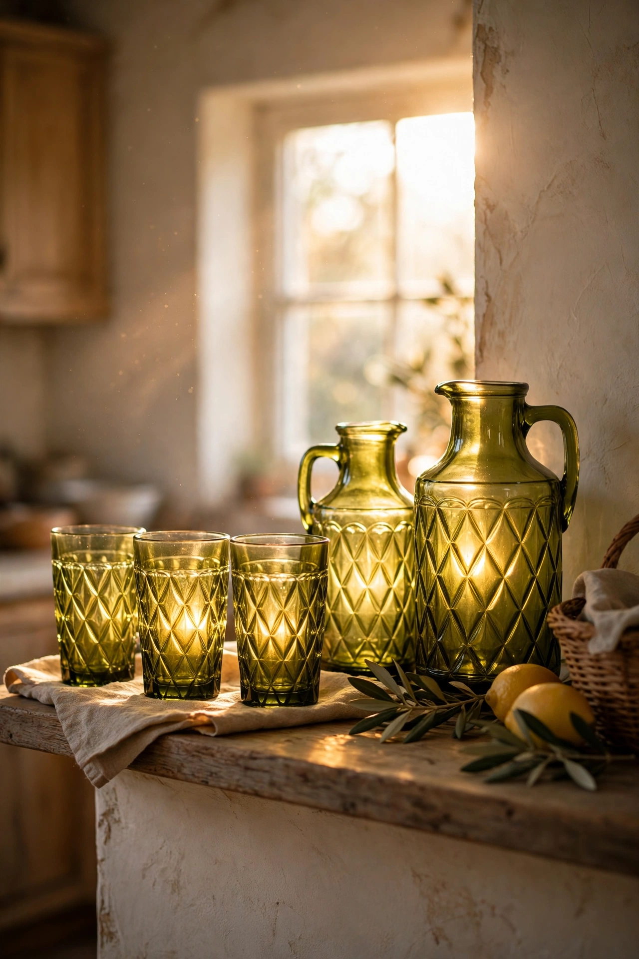 Vintage olive green glassware glowing on a kitchen shelf