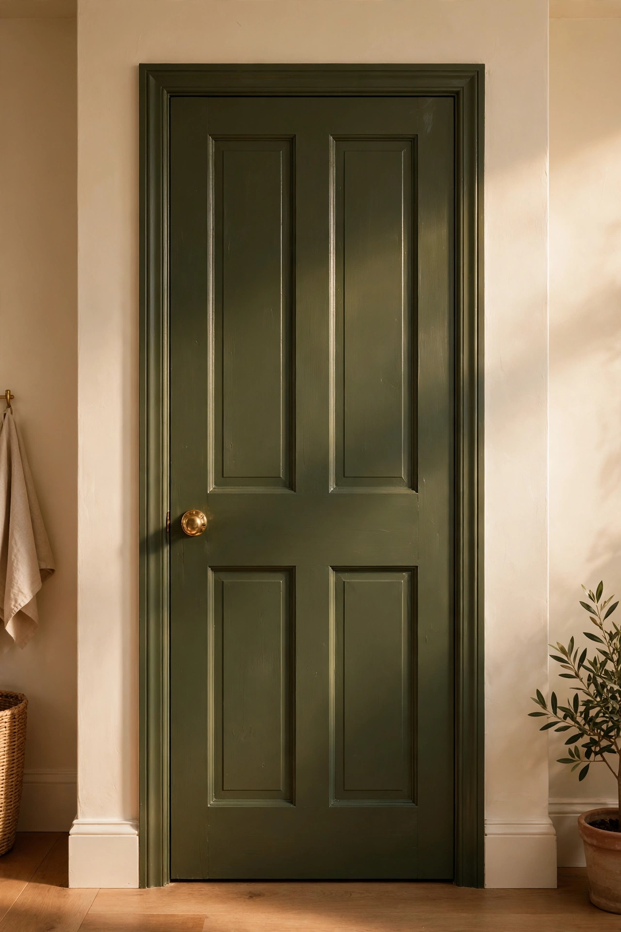 Pantry door painted deep olive green with a brass knob