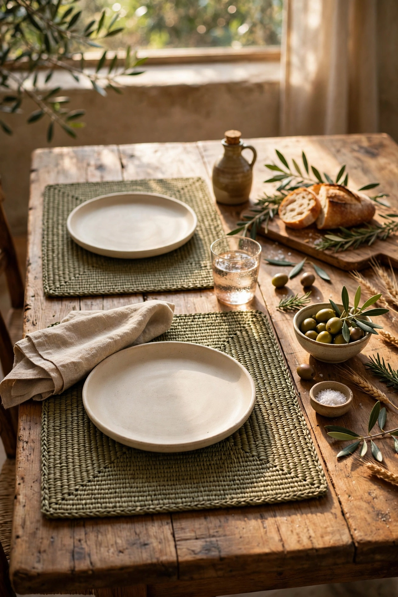 Olive woven placemats on a wooden dining table