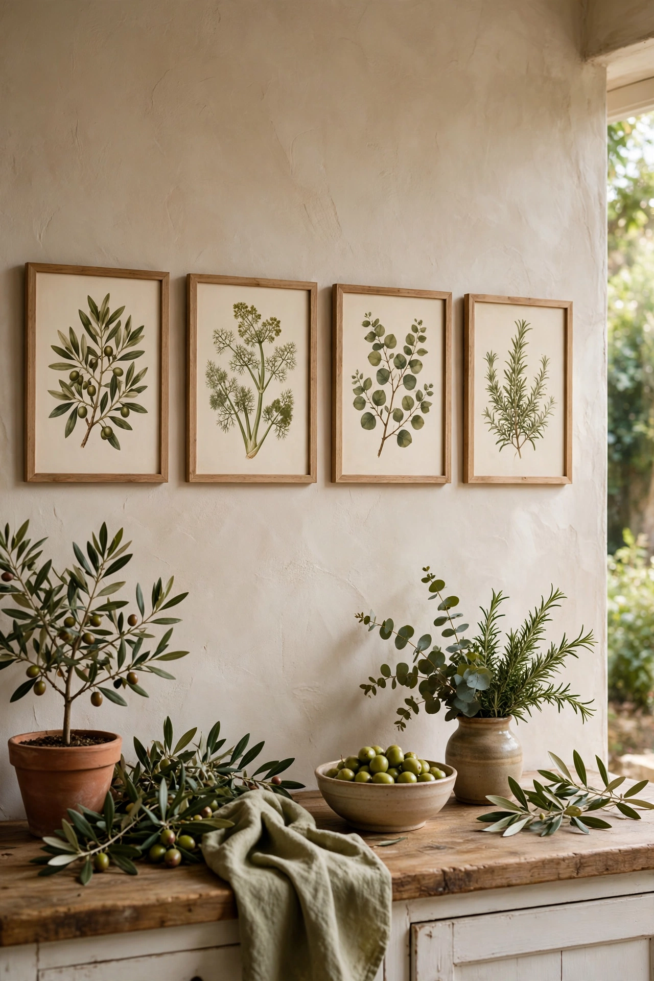 Olive botanical prints in simple frames on a kitchen wall
