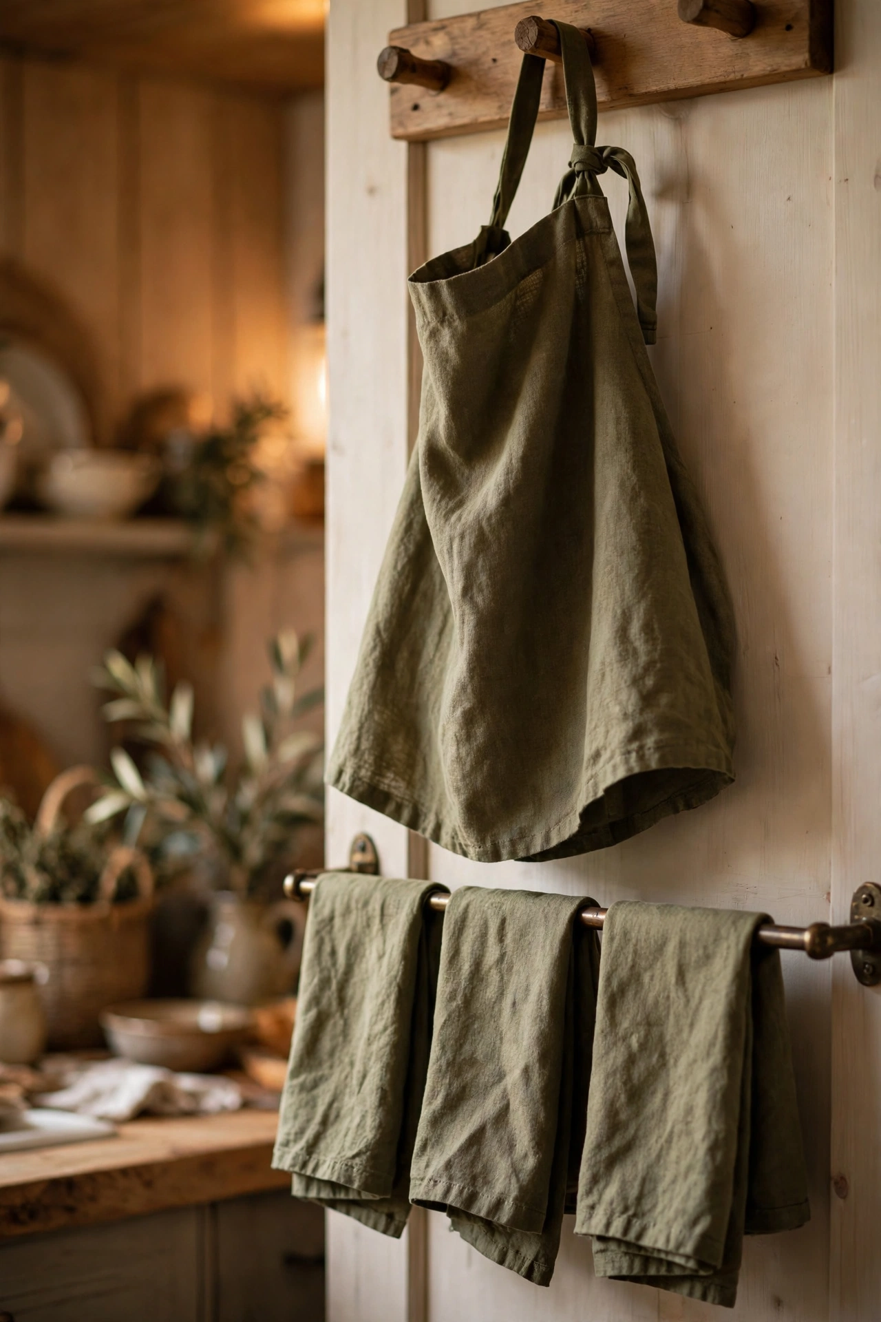 Olive linen apron on a peg with matching tea towels