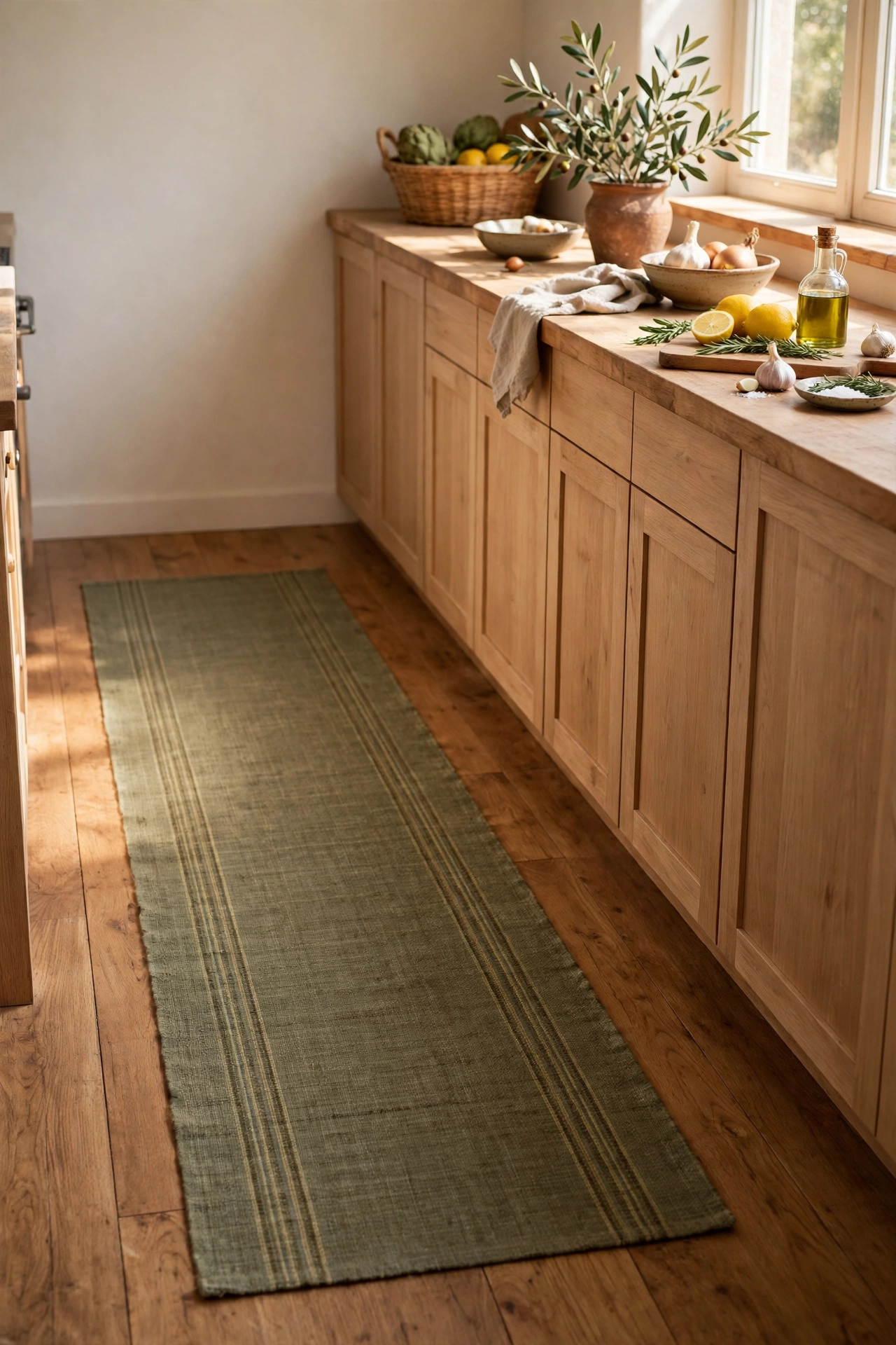 Olive flatweave runner along a kitchen work zone