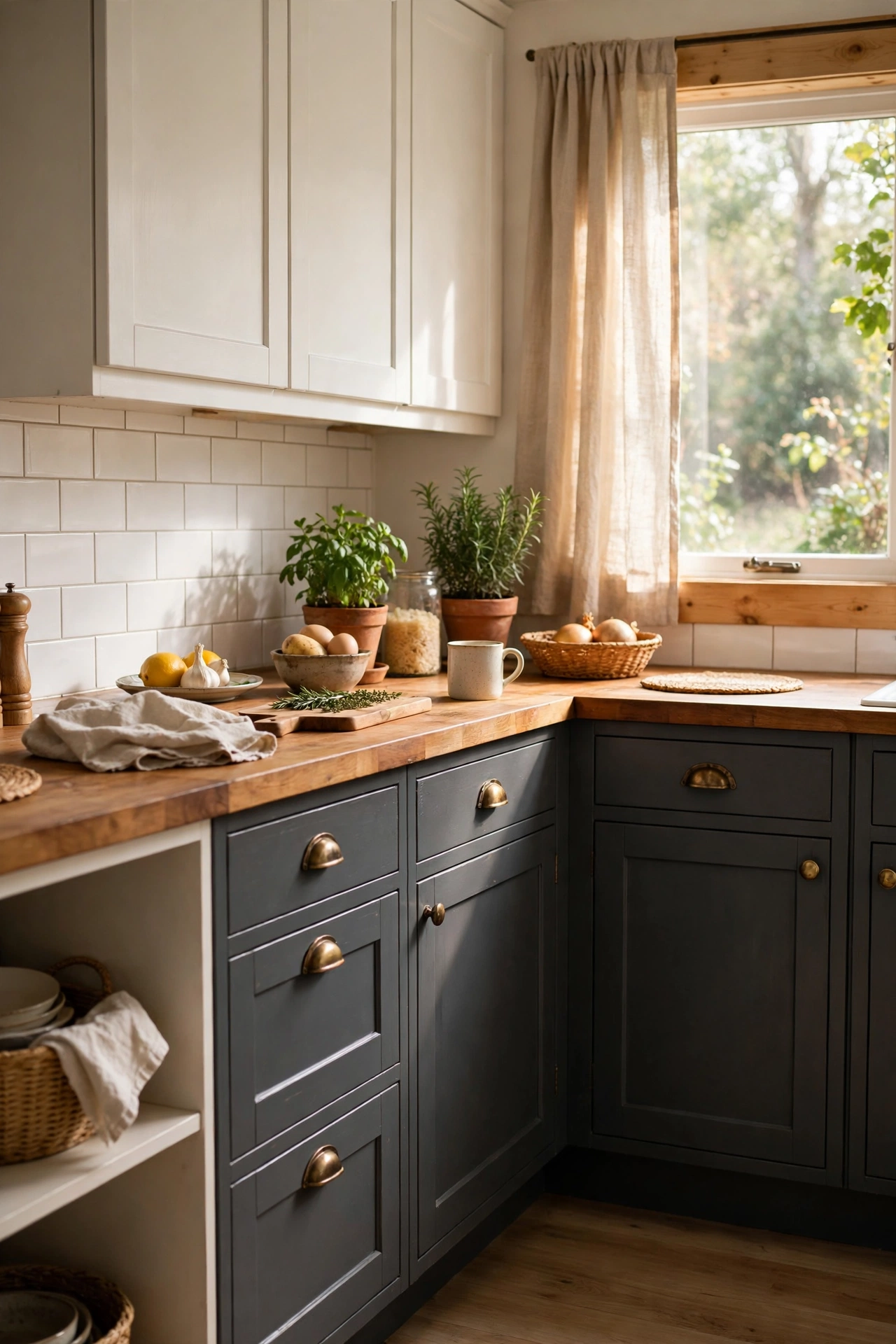 Charcoal gray painted lower kitchen cabinets with vintage brass cup pulls and white upper cabinets