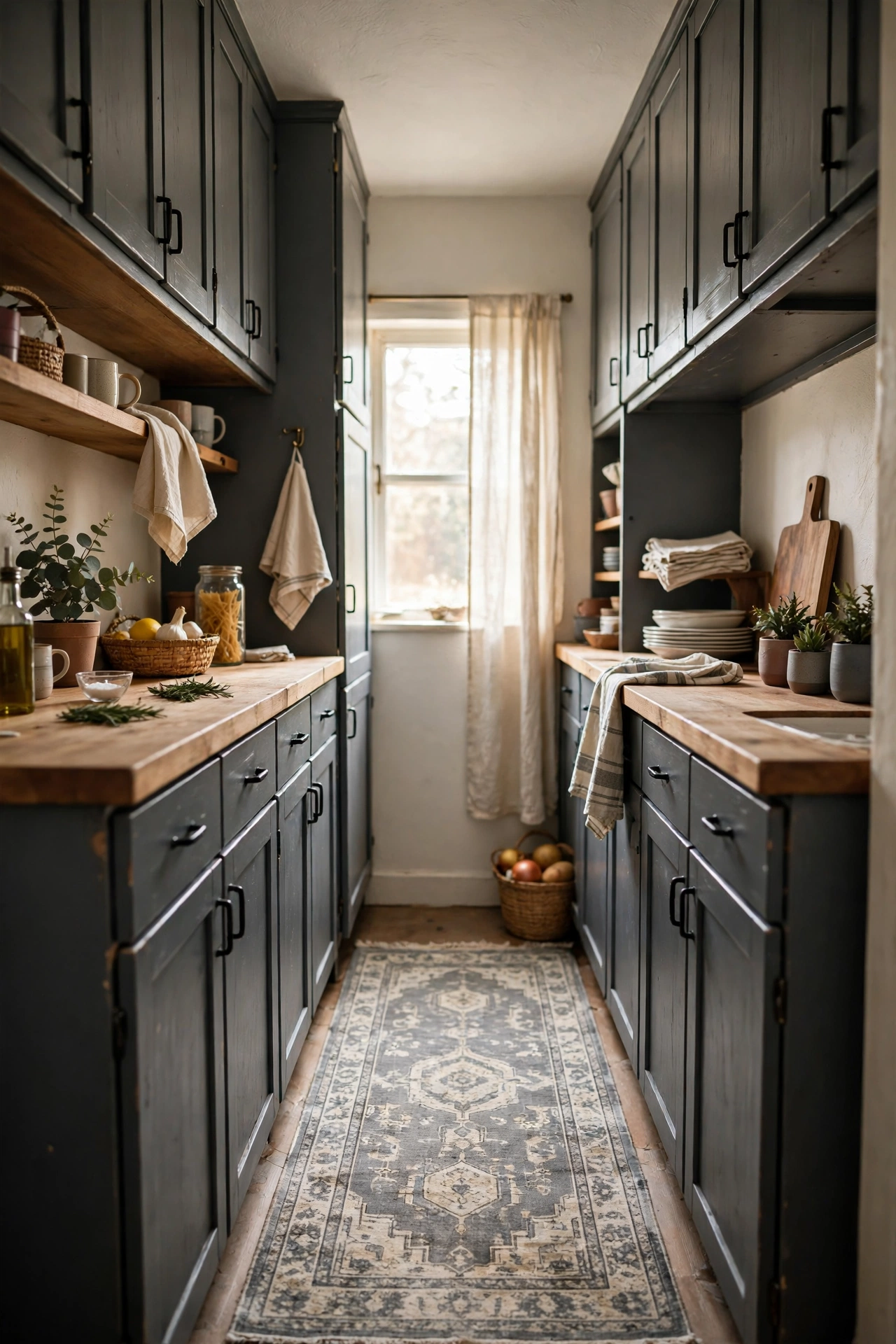 Washable vintage-style gray runner rug on a charcoal gray kitchen floor