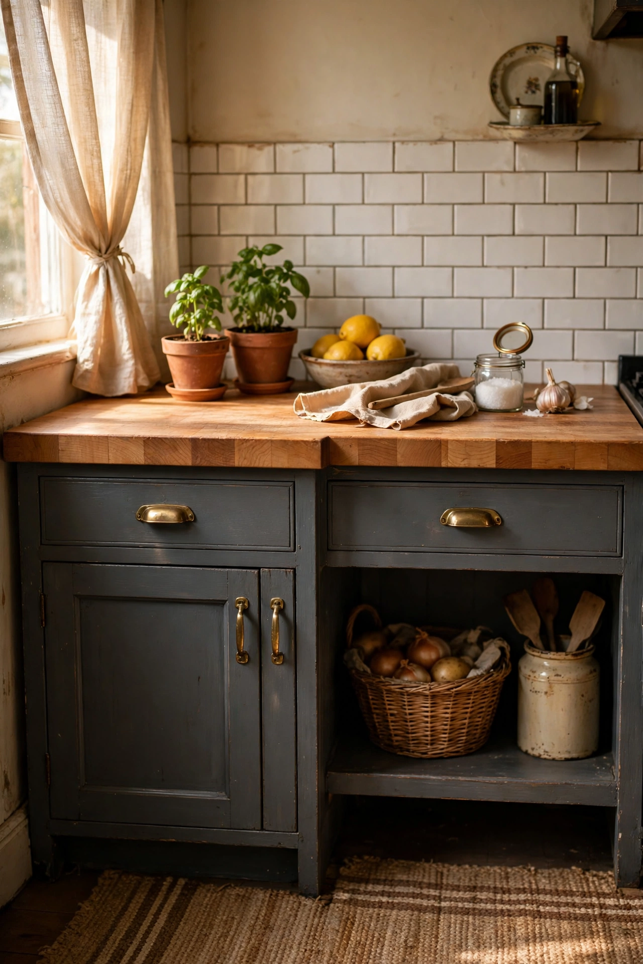 Thick wooden butcher block countertop on charcoal gray kitchen cabinets