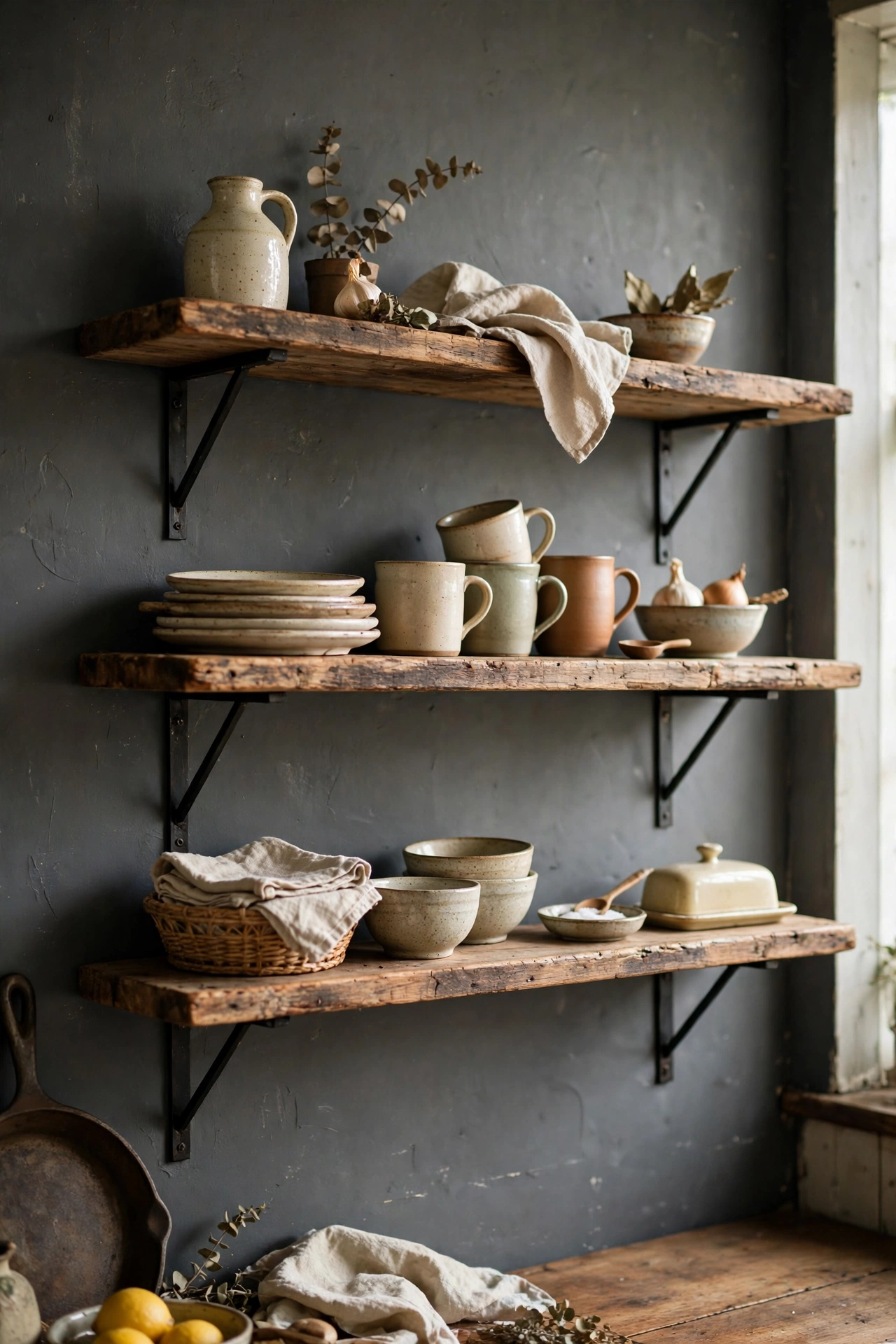 Reclaimed wood open kitchen shelves on black brackets against a charcoal gray wall