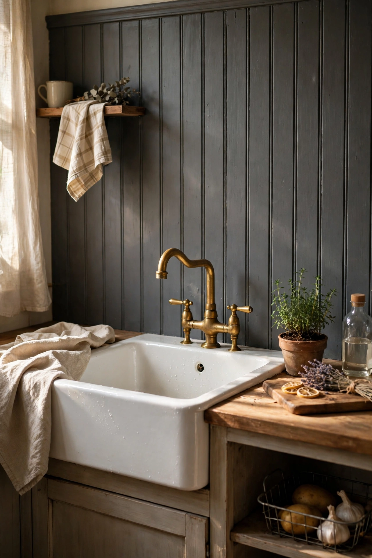 Charcoal gray beadboard panel backsplash behind a white kitchen sink