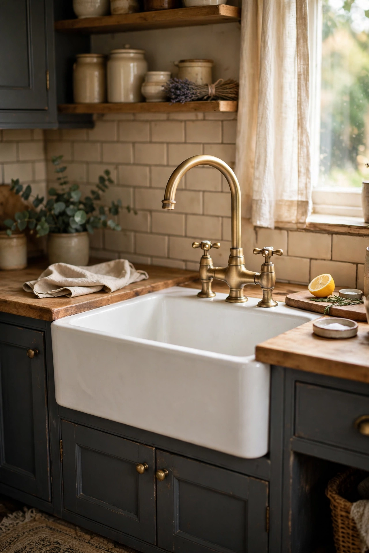 Antique-style brushed brass kitchen faucet with crosshead handles over a white sink