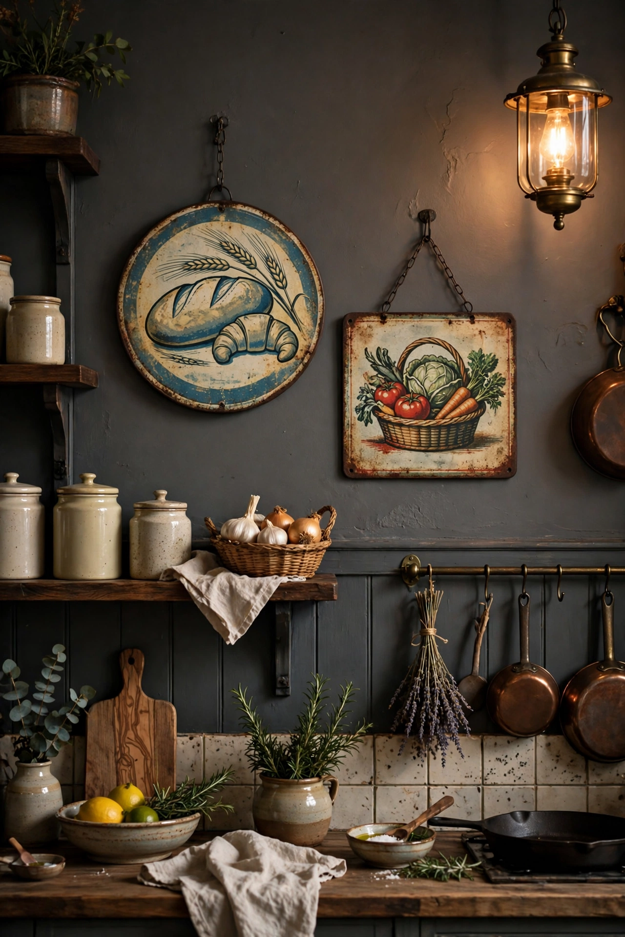 Vintage tin bakery and grocer signs hung on a charcoal gray kitchen wall