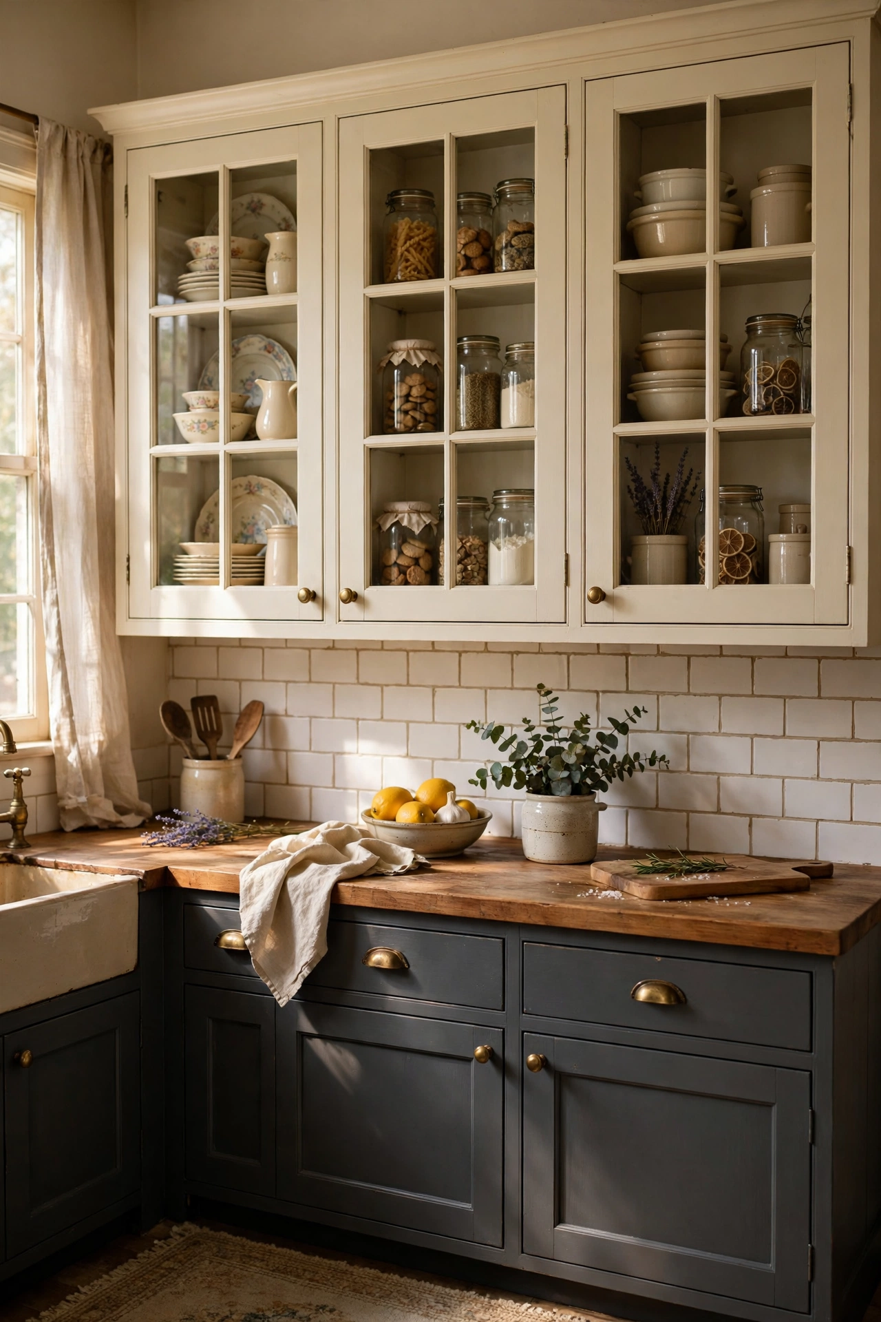 Cream painted glass-front upper kitchen cabinets displaying vintage crockery