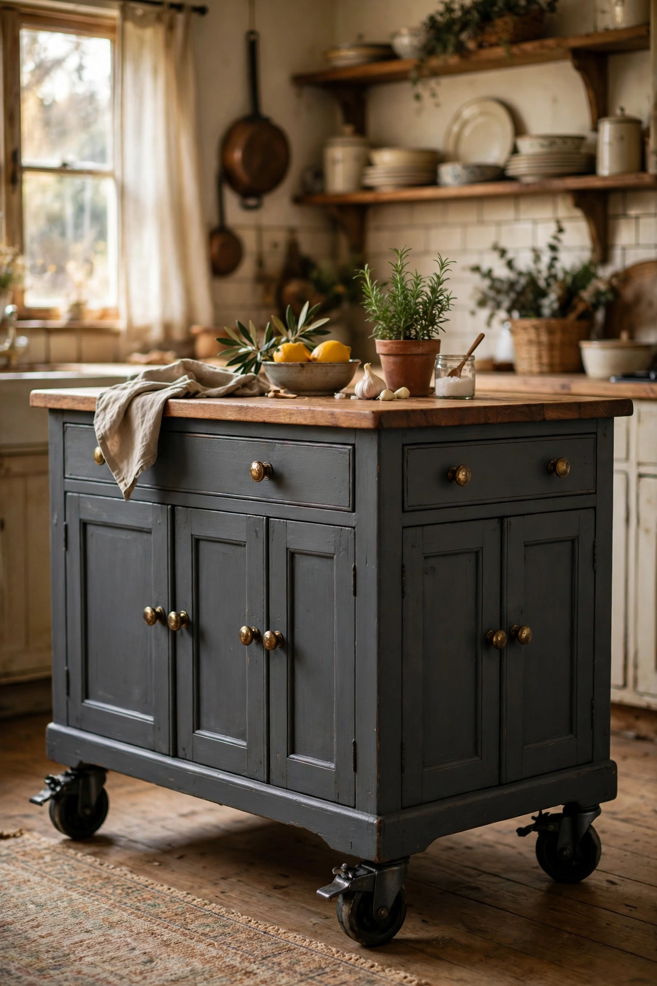 Charcoal gray painted vintage sideboard on castor wheels used as a kitchen island