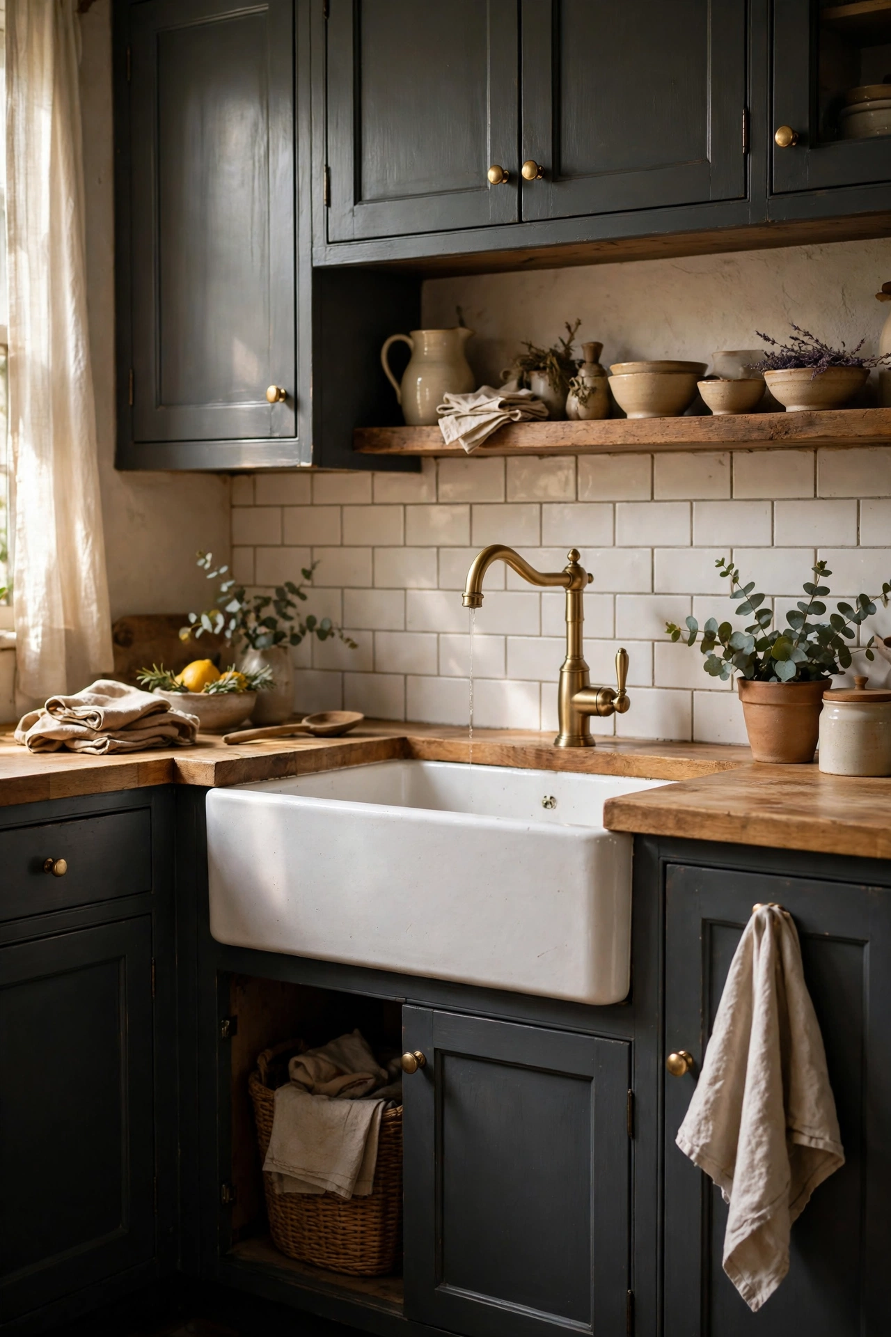 White fireclay farmhouse apron sink set into charcoal gray kitchen cabinets
