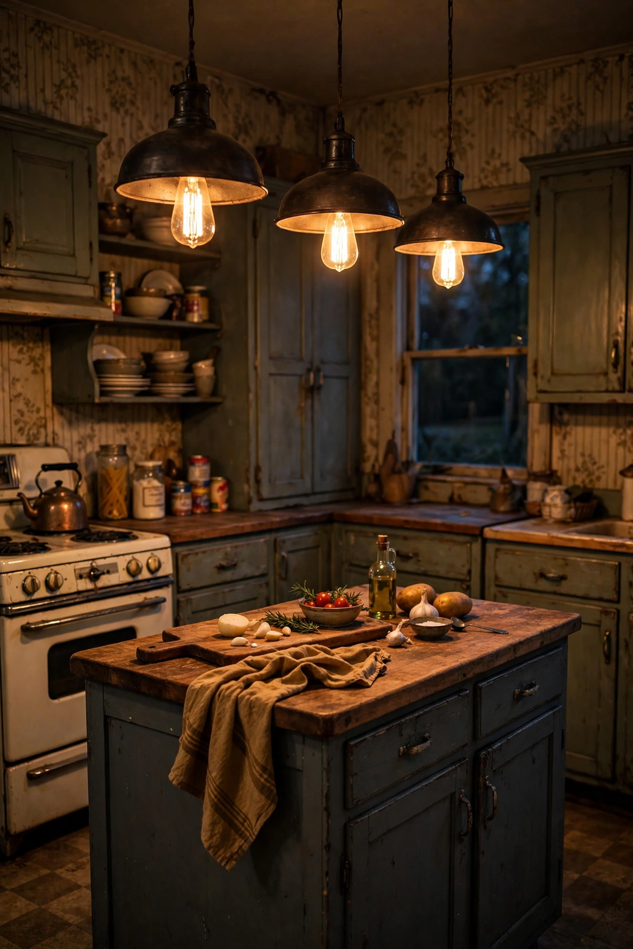 Metal pendant lights with warm Edison bulbs hanging over a charcoal gray kitchen island