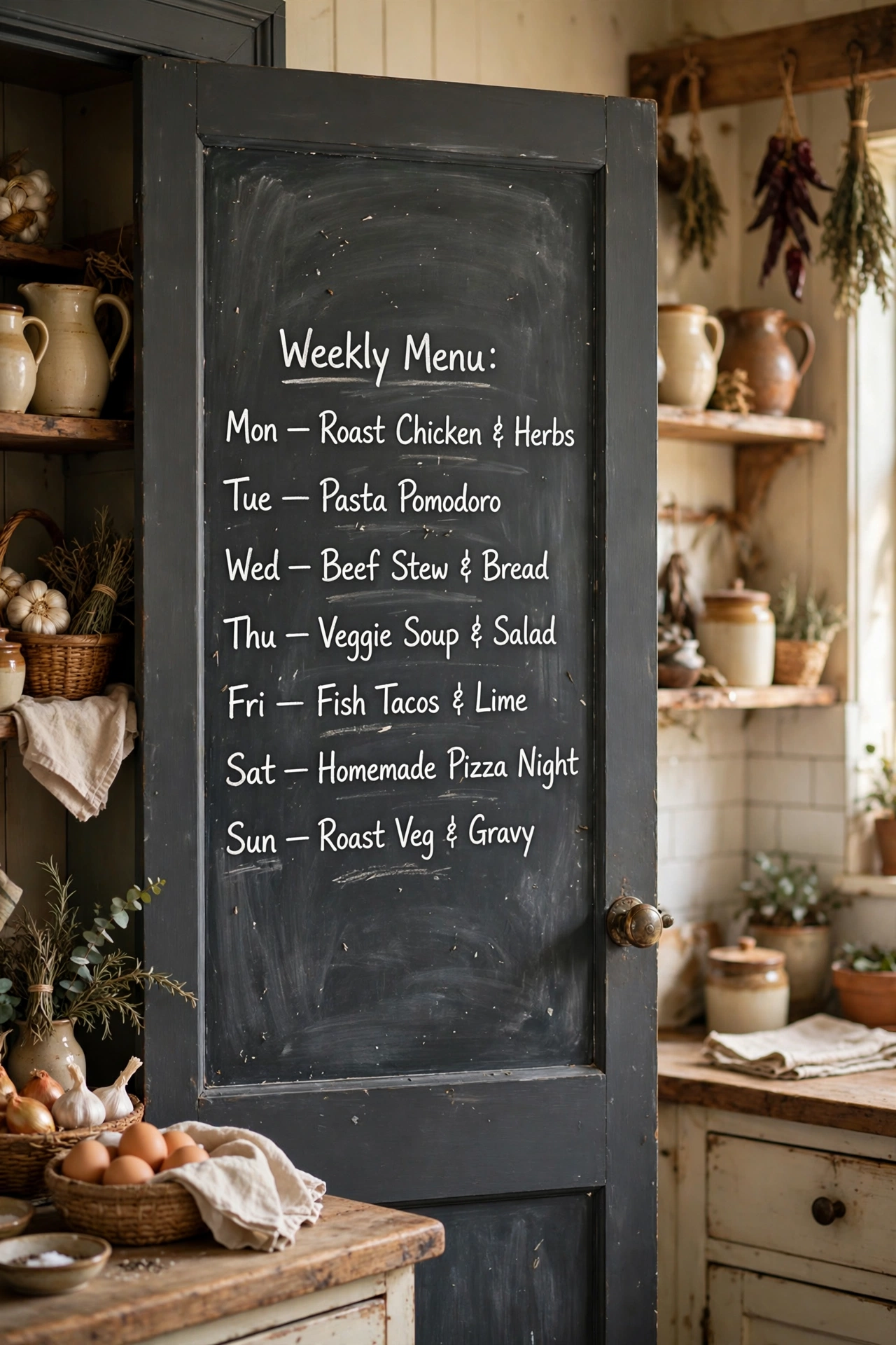 Pantry door painted in charcoal gray chalkboard paint with a handwritten menu