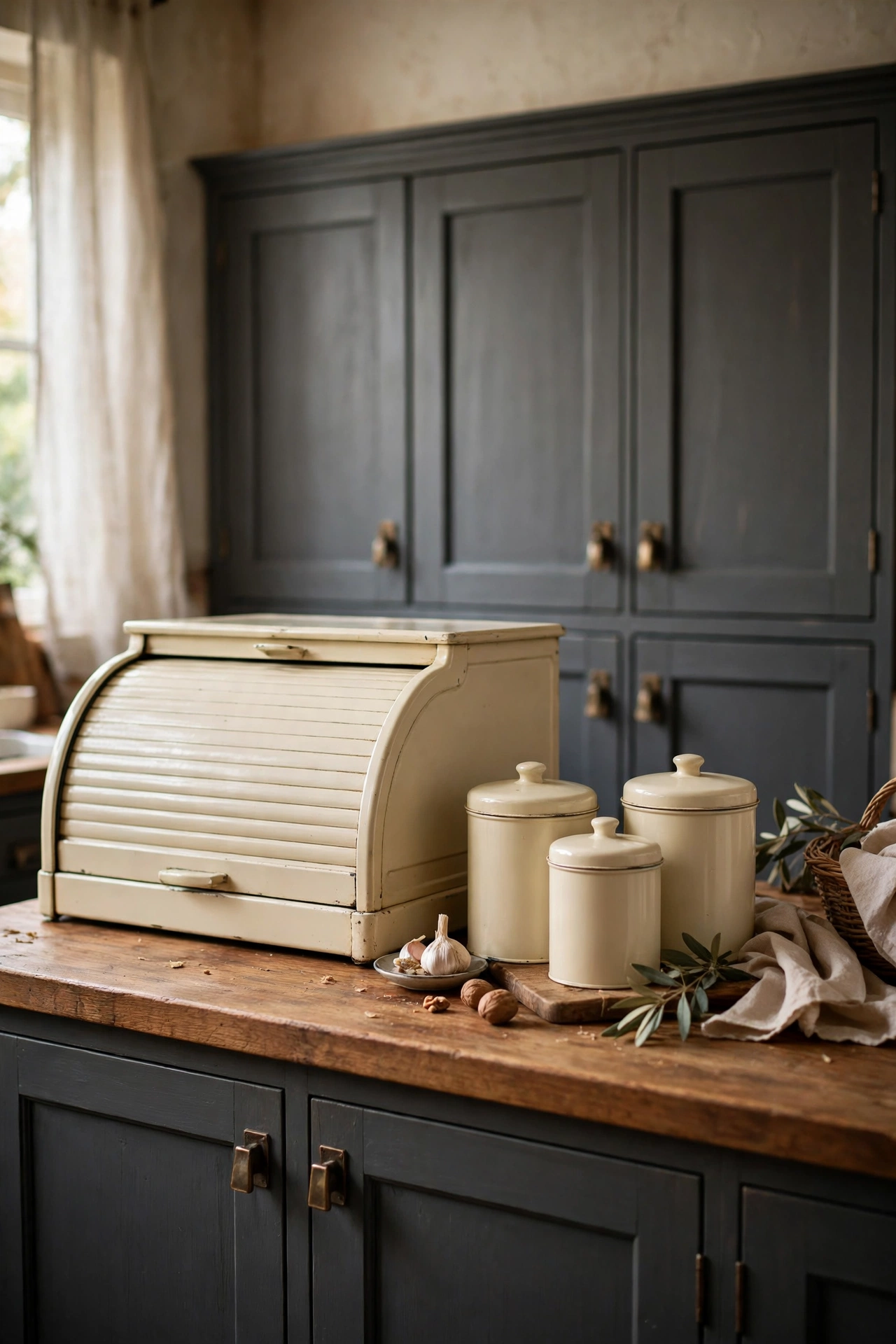 Vintage cream roll-top bread box with matching tin canisters on a kitchen counter