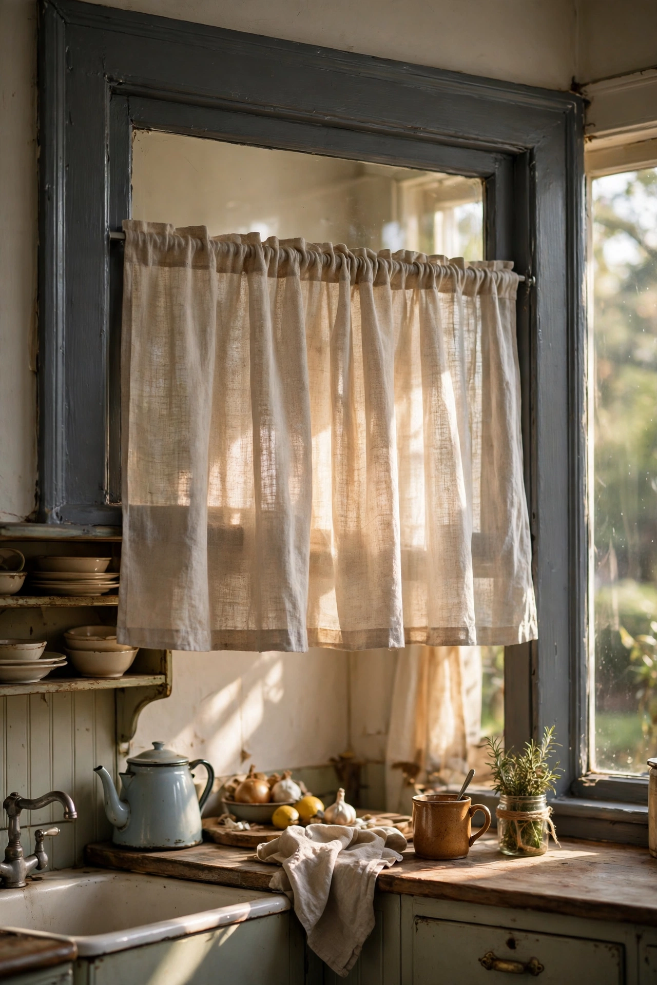 Charcoal gray painted kitchen window frame with natural linen cafe curtains