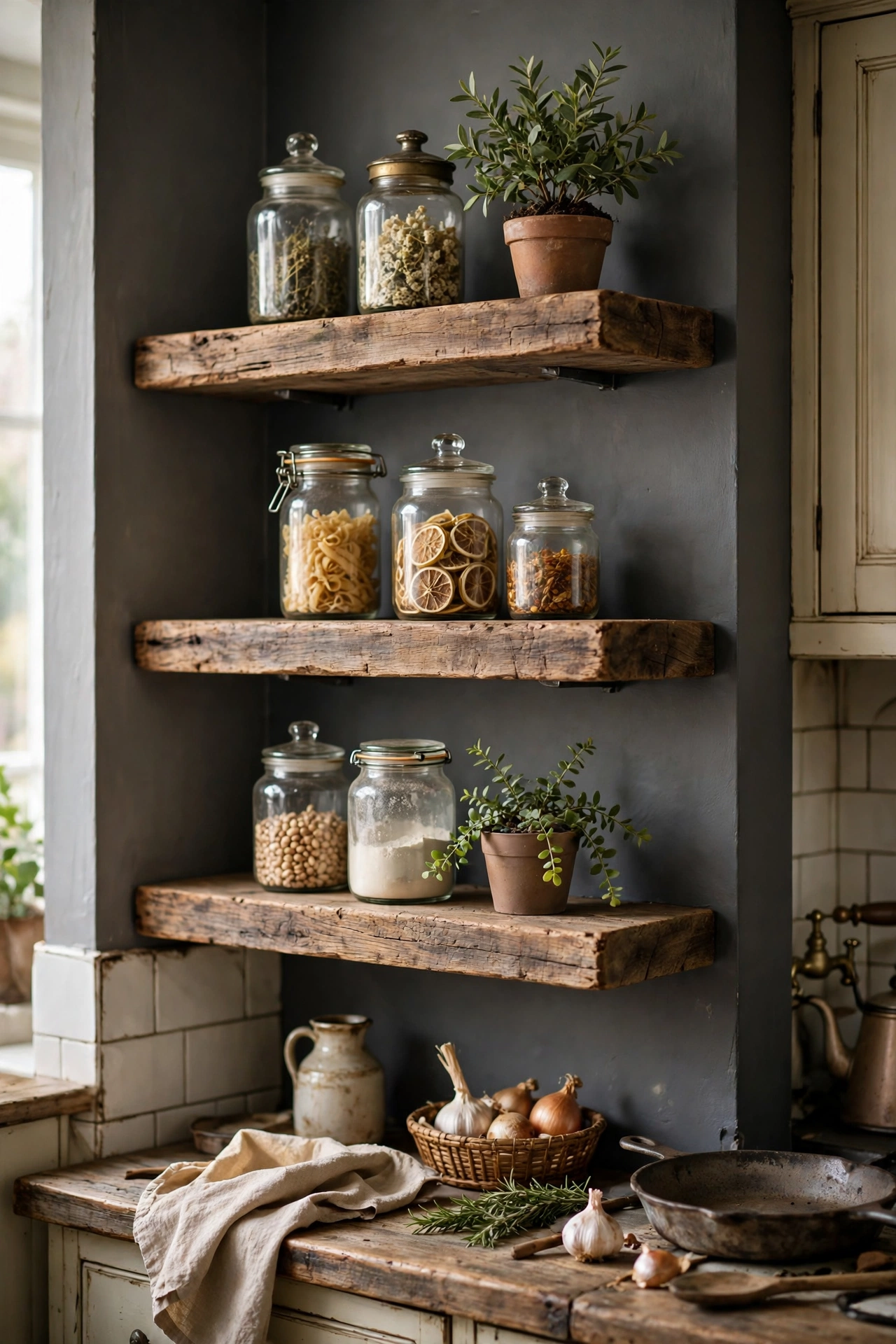 Thick reclaimed wood floating shelves with vintage jars in a charcoal gray kitchen