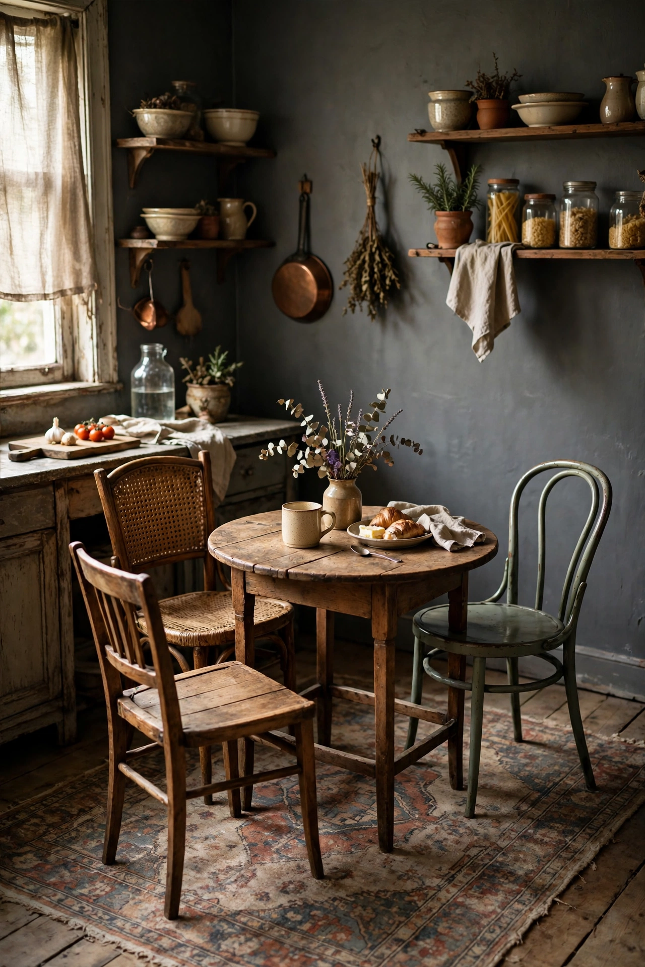 Faded vintage-style rug under a small wooden kitchen table and chairs
