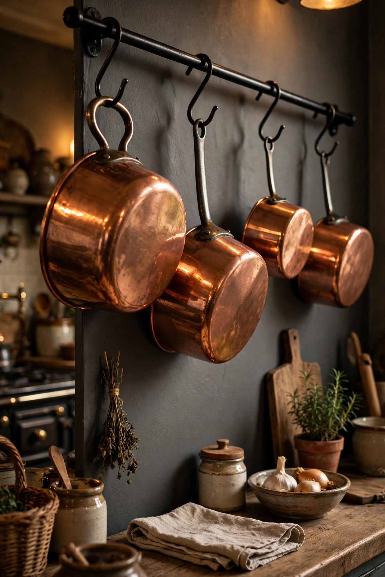 Copper pots hanging from a black wall rail with S-hooks in a charcoal gray kitchen