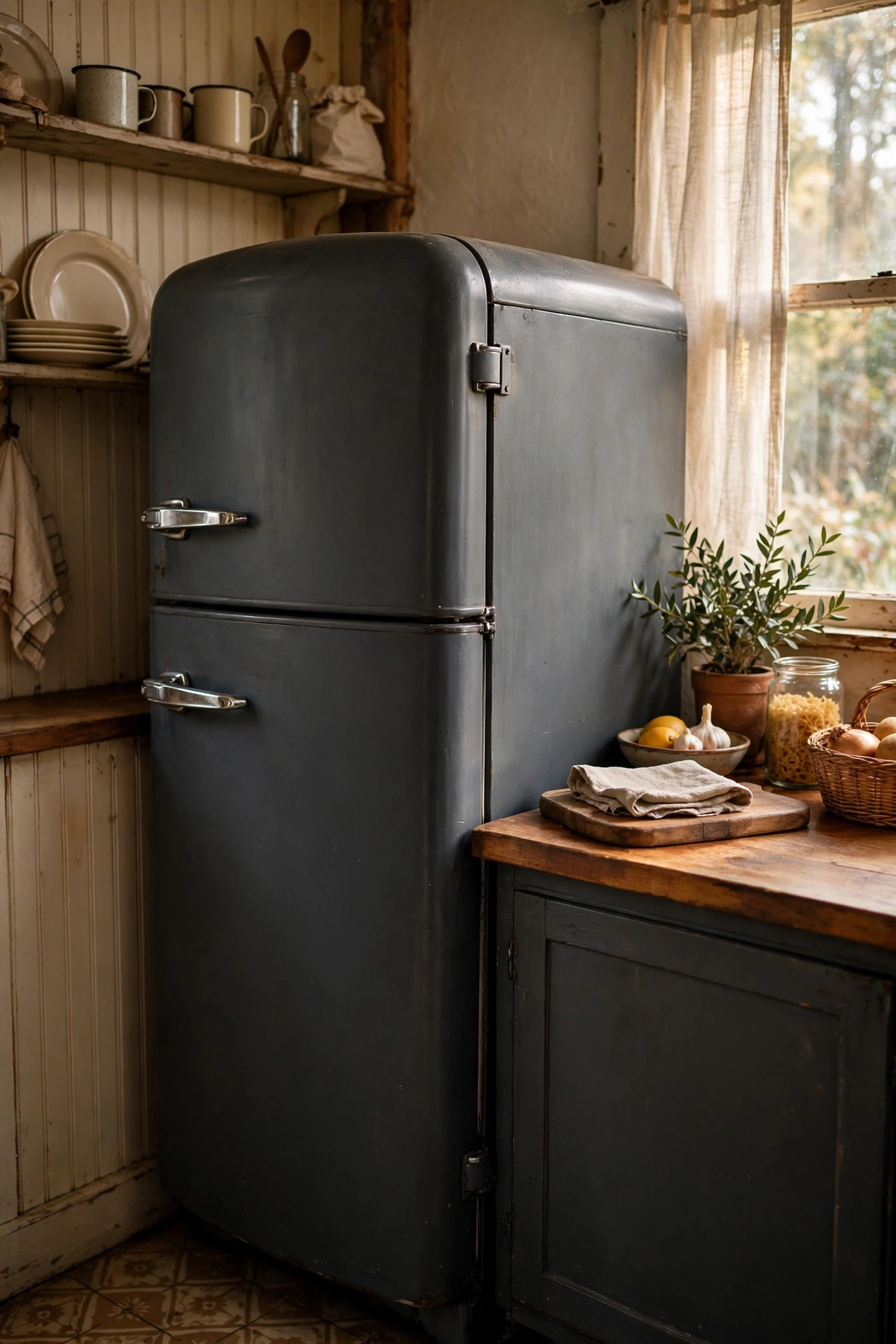 Old fridge painted charcoal gray with retro-style chrome handles in a vintage kitchen