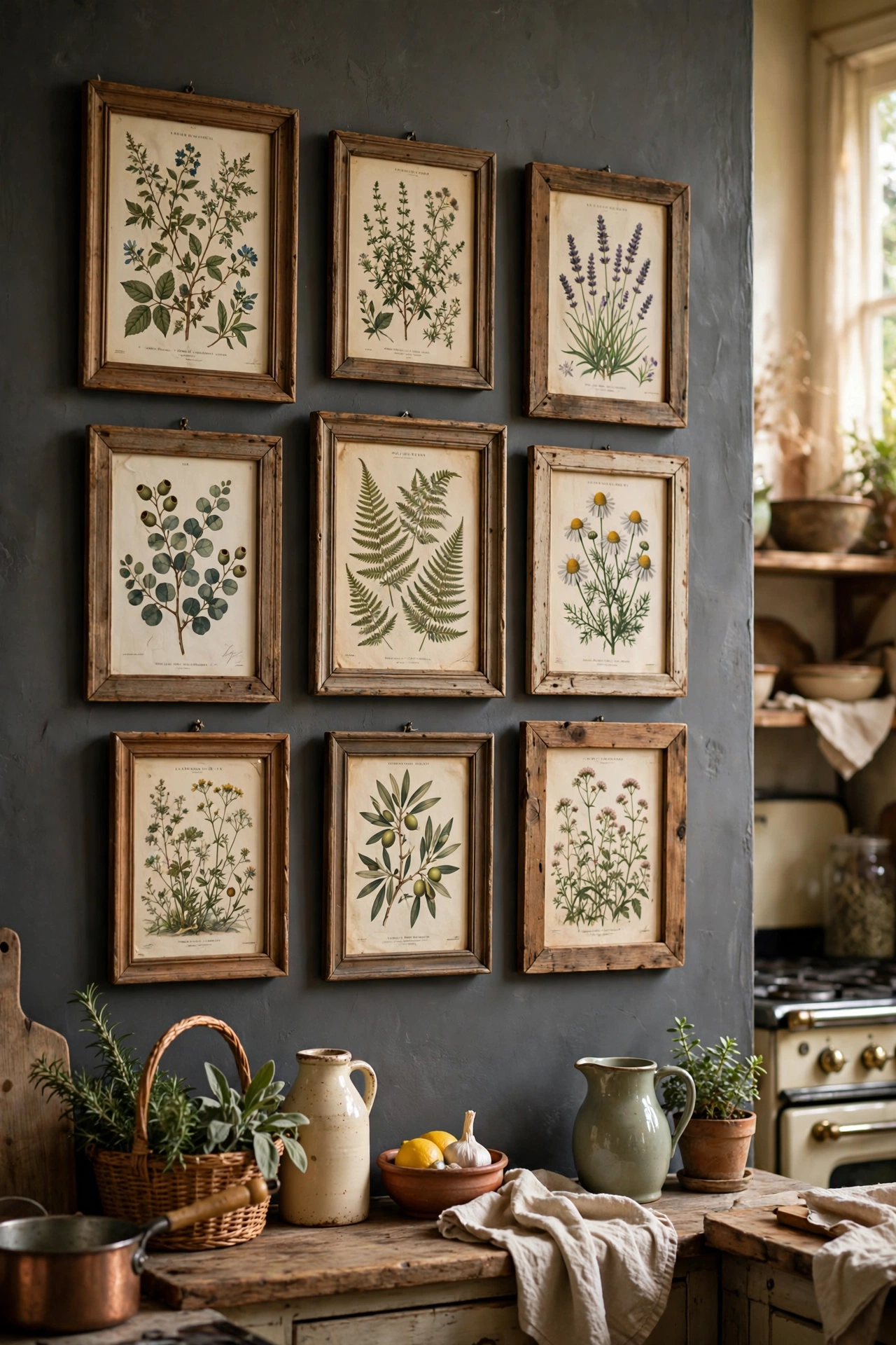 Vintage botanical prints in mismatched thrifted frames on a charcoal gray kitchen wall