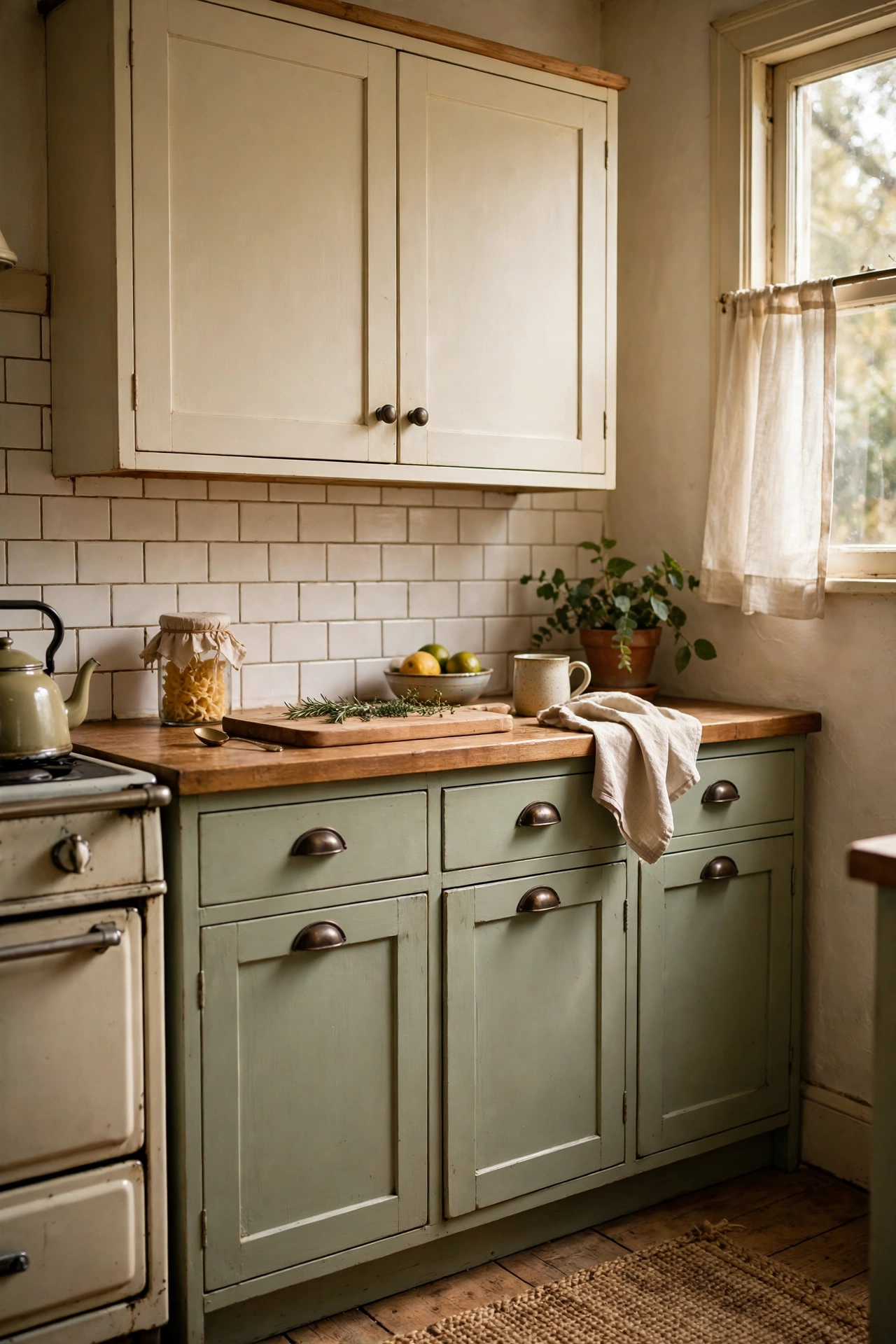 Sage green painted lower kitchen cabinets with dark bronze cup pulls and cream uppers