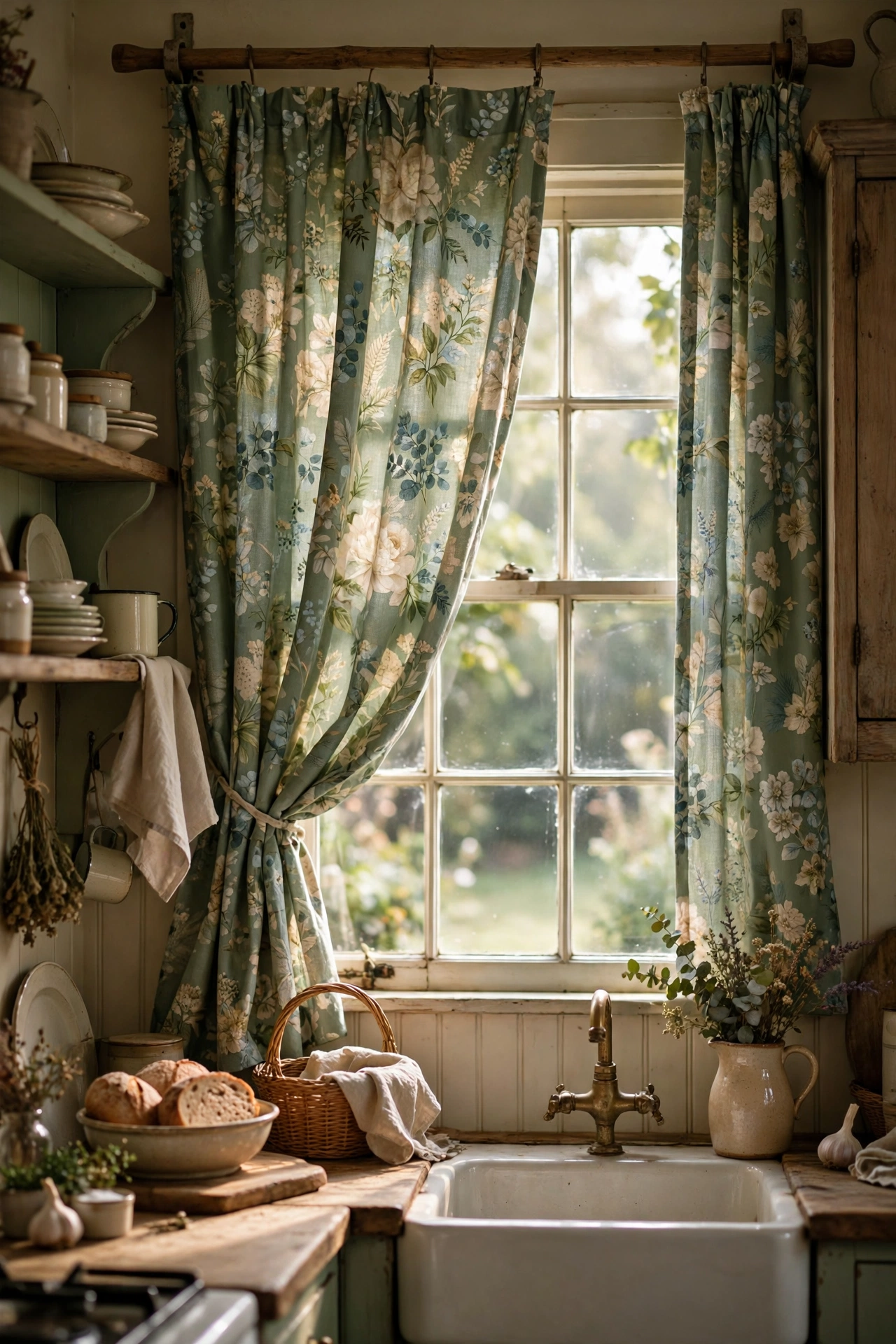 Vintage floral curtains with sage green tones hanging in a cottage kitchen