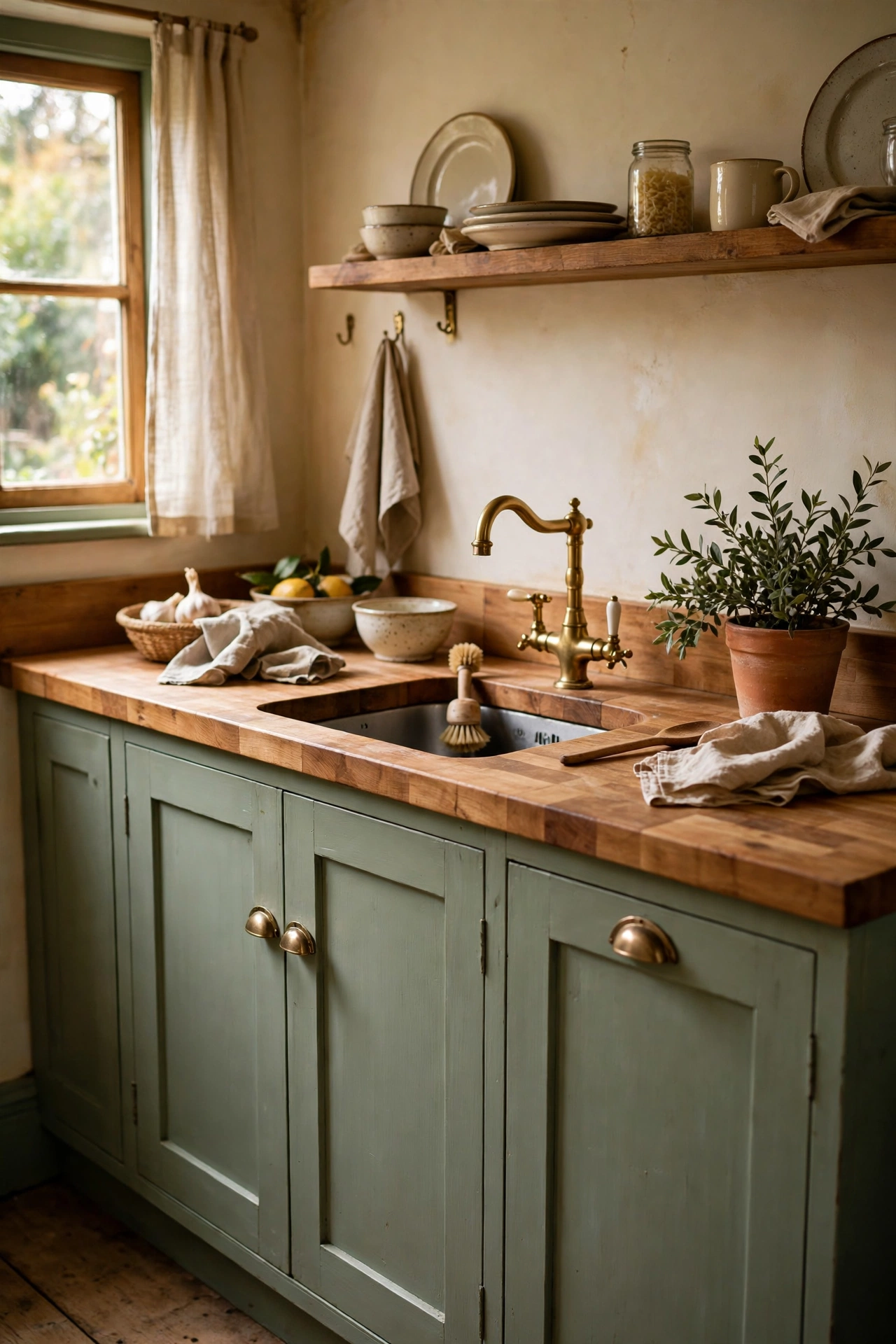 Warm timber butcher block worktop on sage green kitchen cabinets
