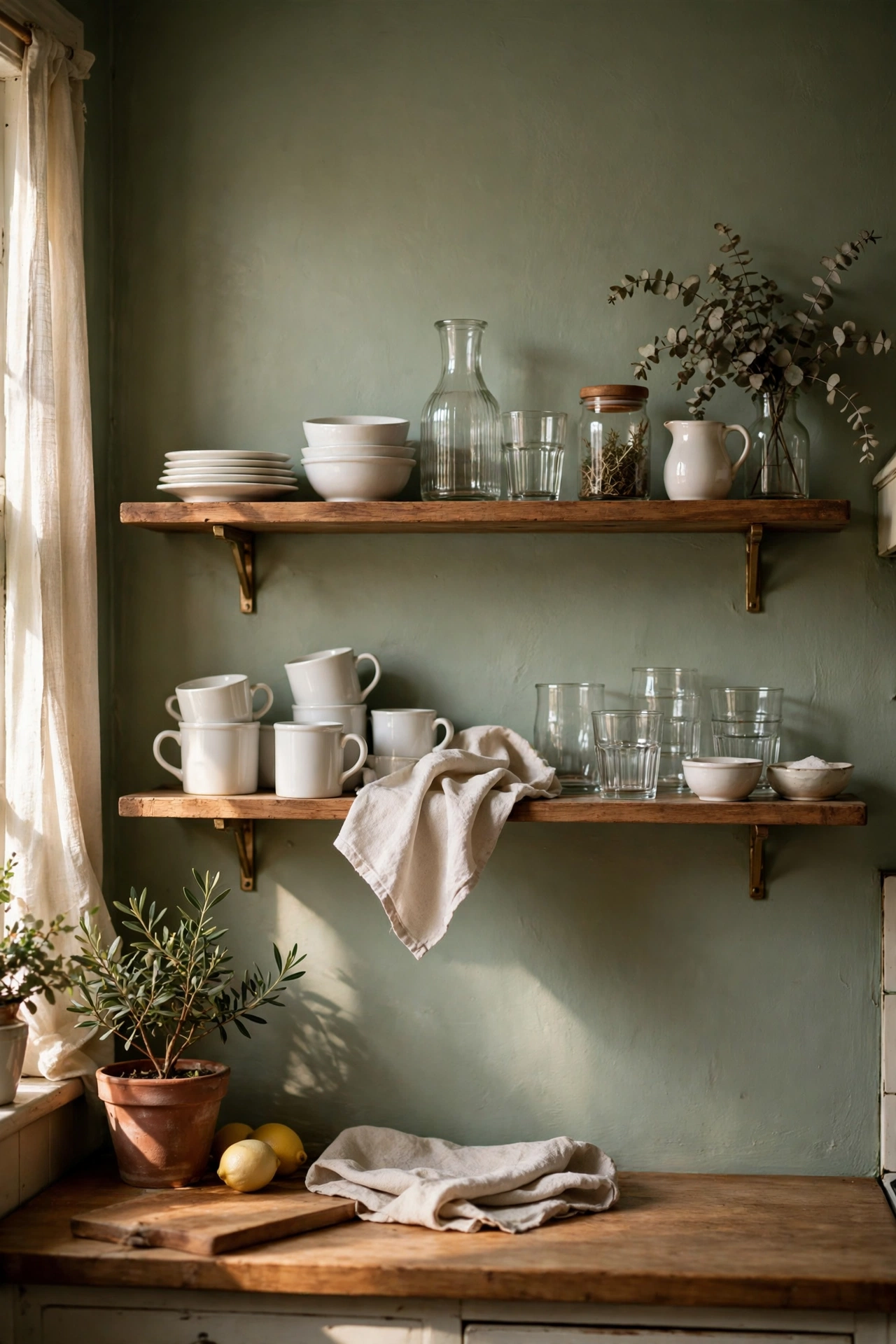 Wooden open shelves styled with white crockery on a sage green kitchen wall