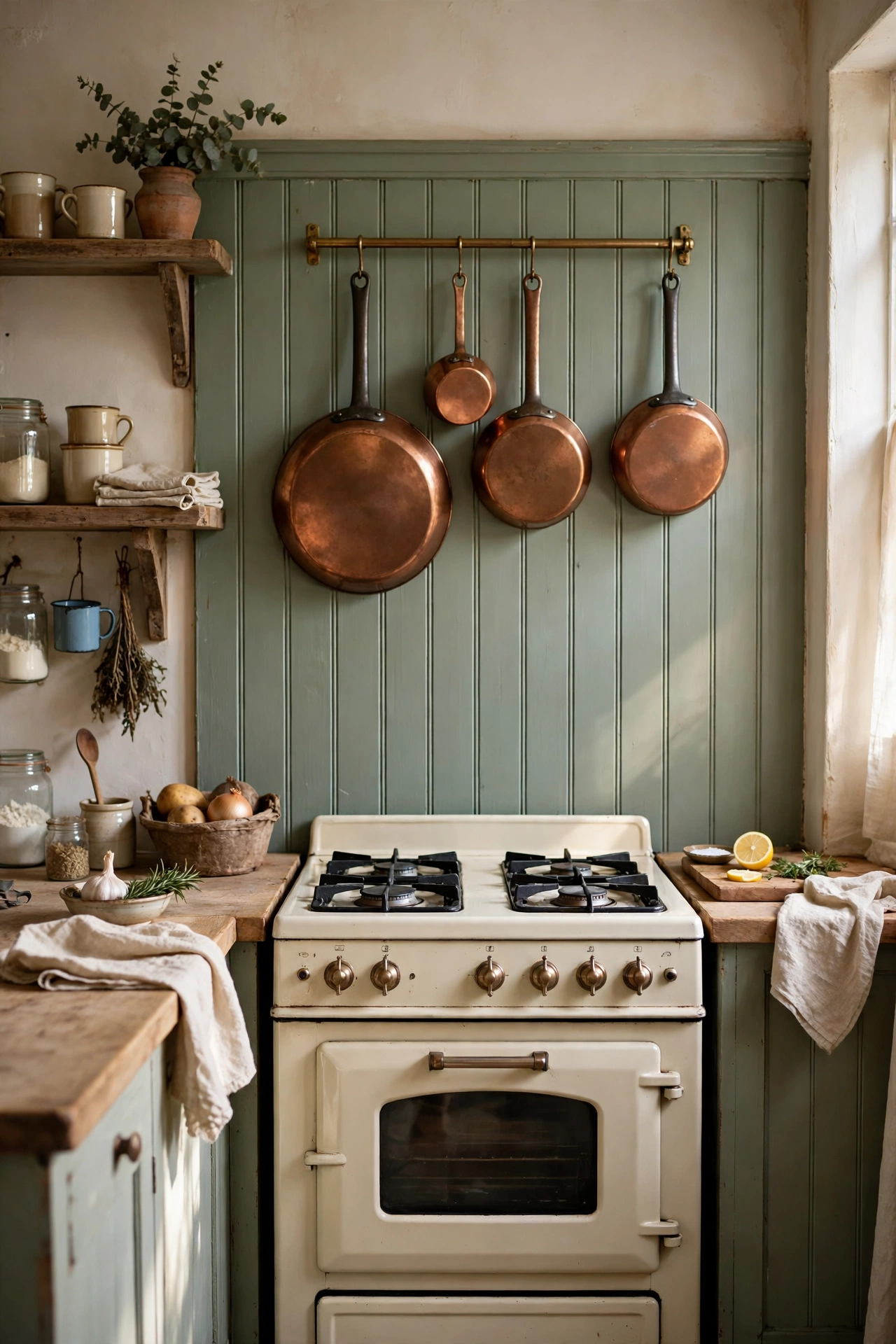 Sage green beadboard splashback behind a kitchen cooker with vintage details