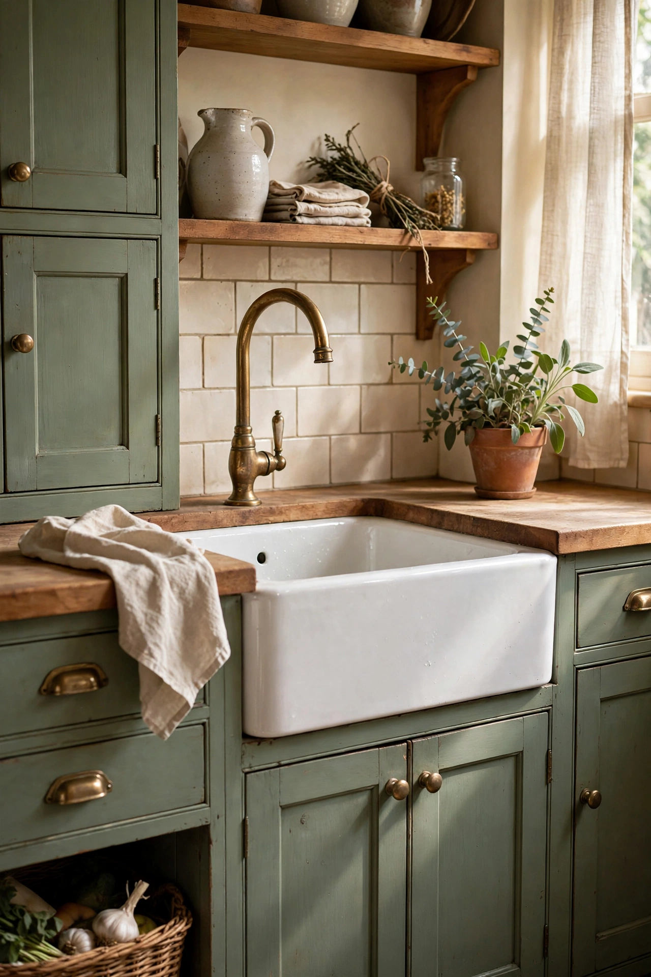 Aged brass swan-neck kitchen tap with vintage styling over a white sink