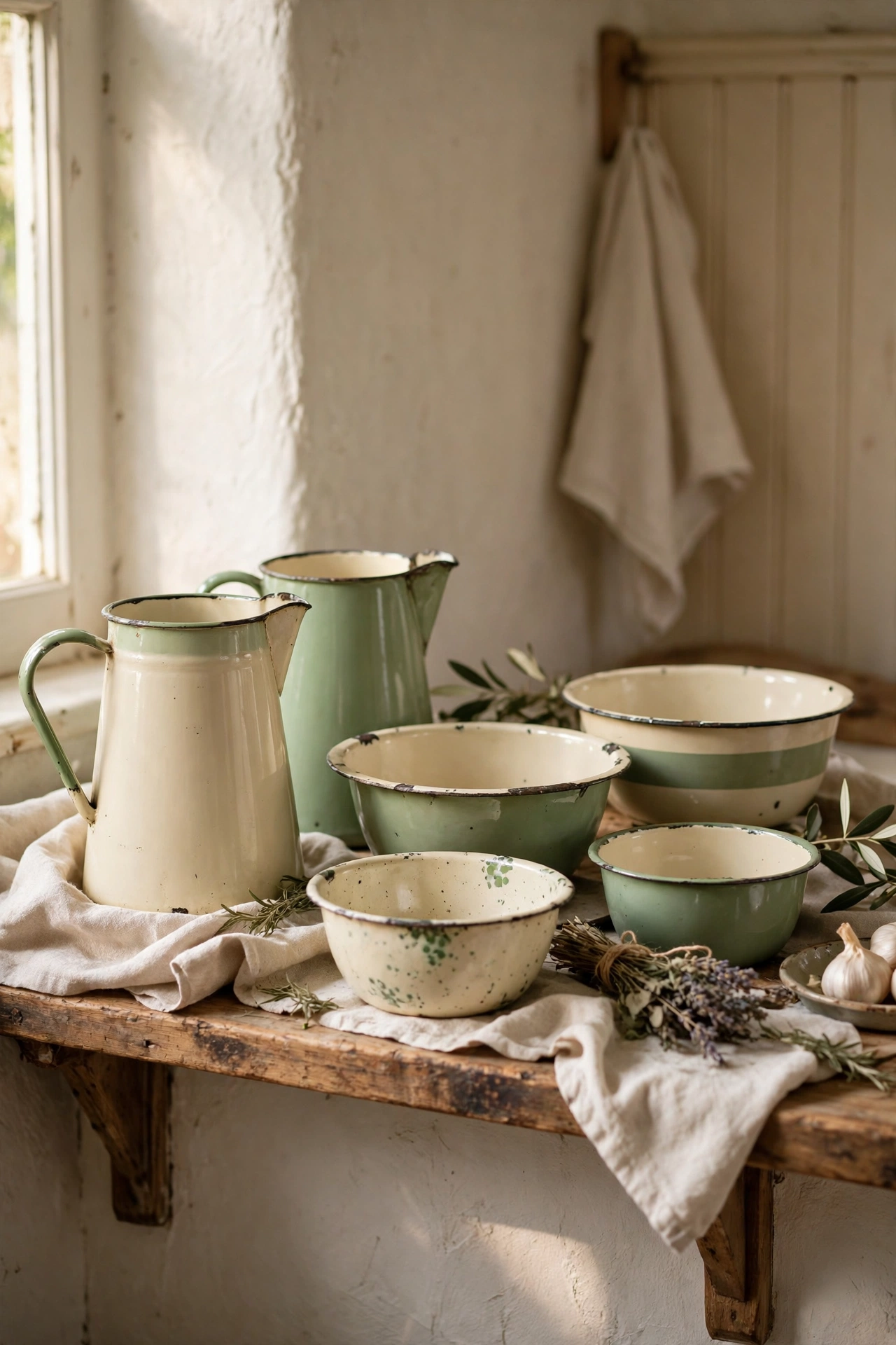 Vintage cream and green enamelware jugs and bowls displayed on a kitchen shelf