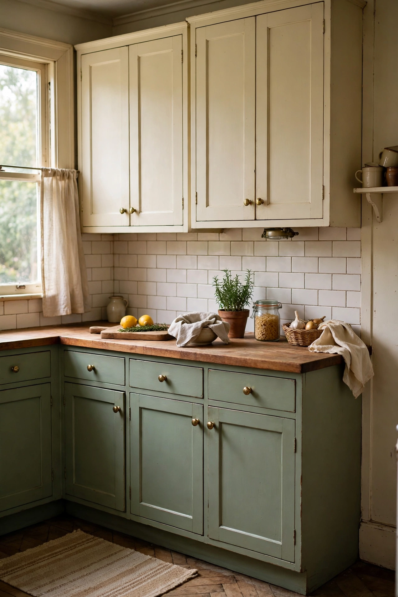 Cream painted upper kitchen cabinets above sage green lower cabinets
