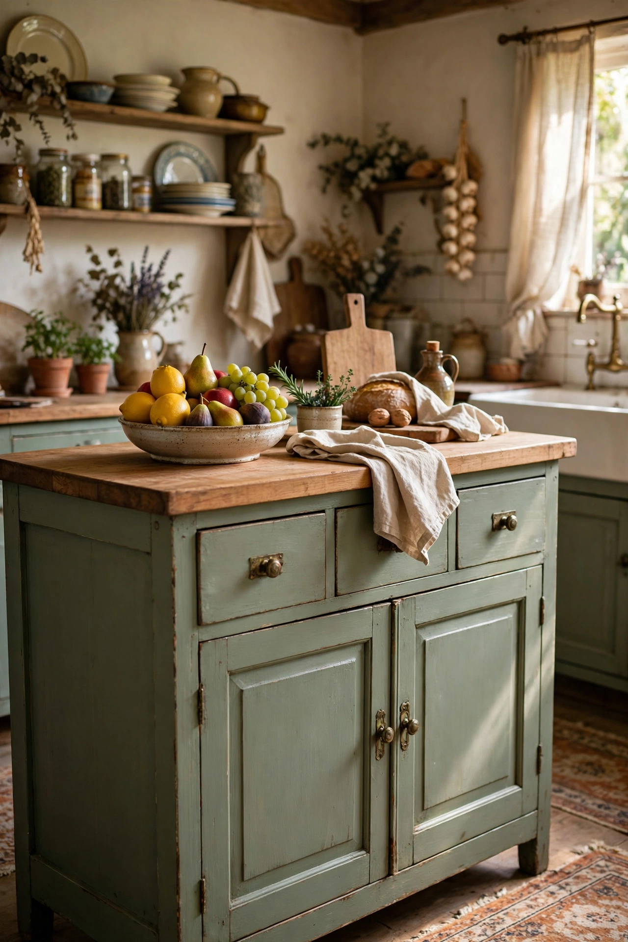 Old pine dresser painted sage green used as a kitchen island with wooden top
