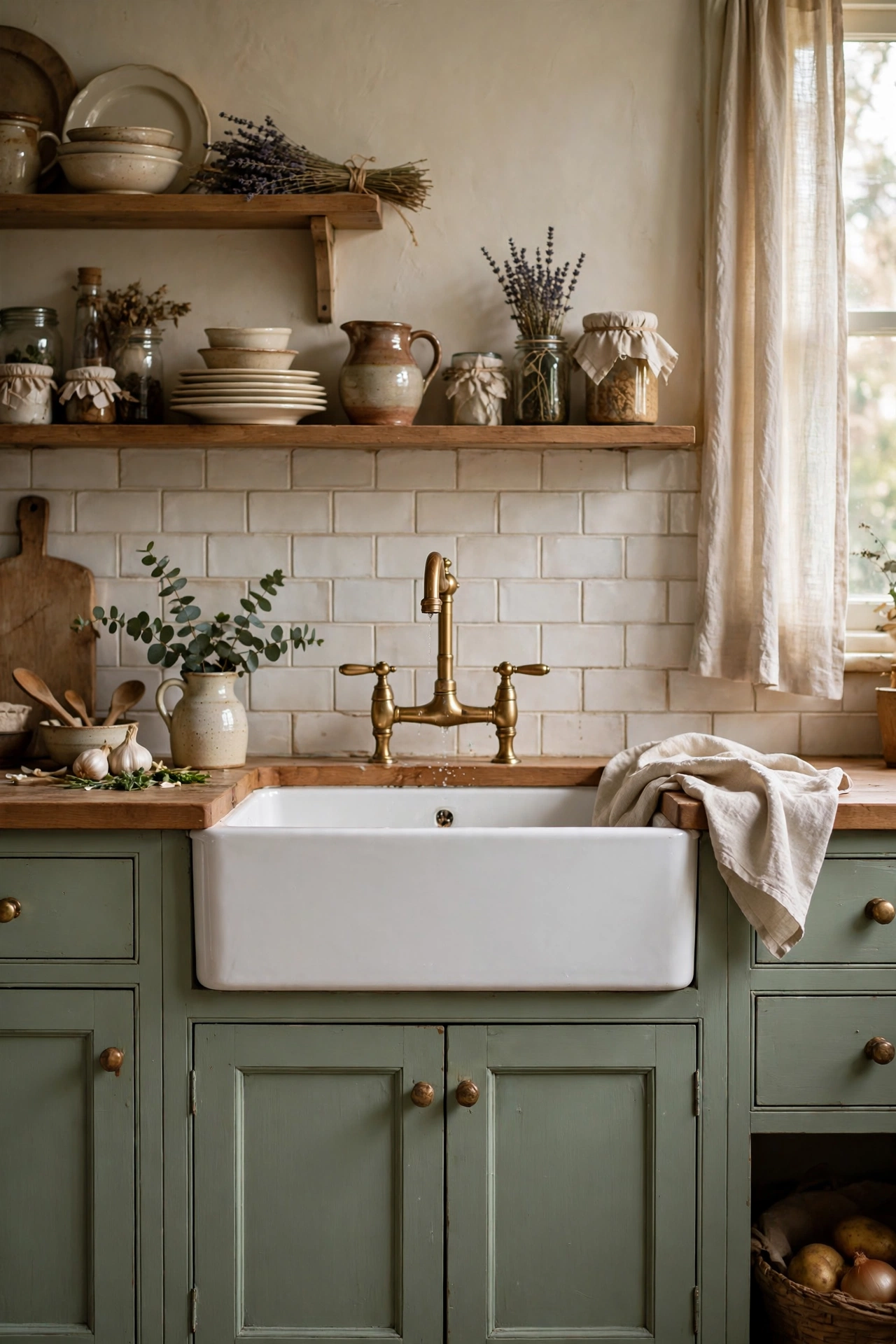 White apron-front farmhouse sink set into a sage green kitchen cabinet