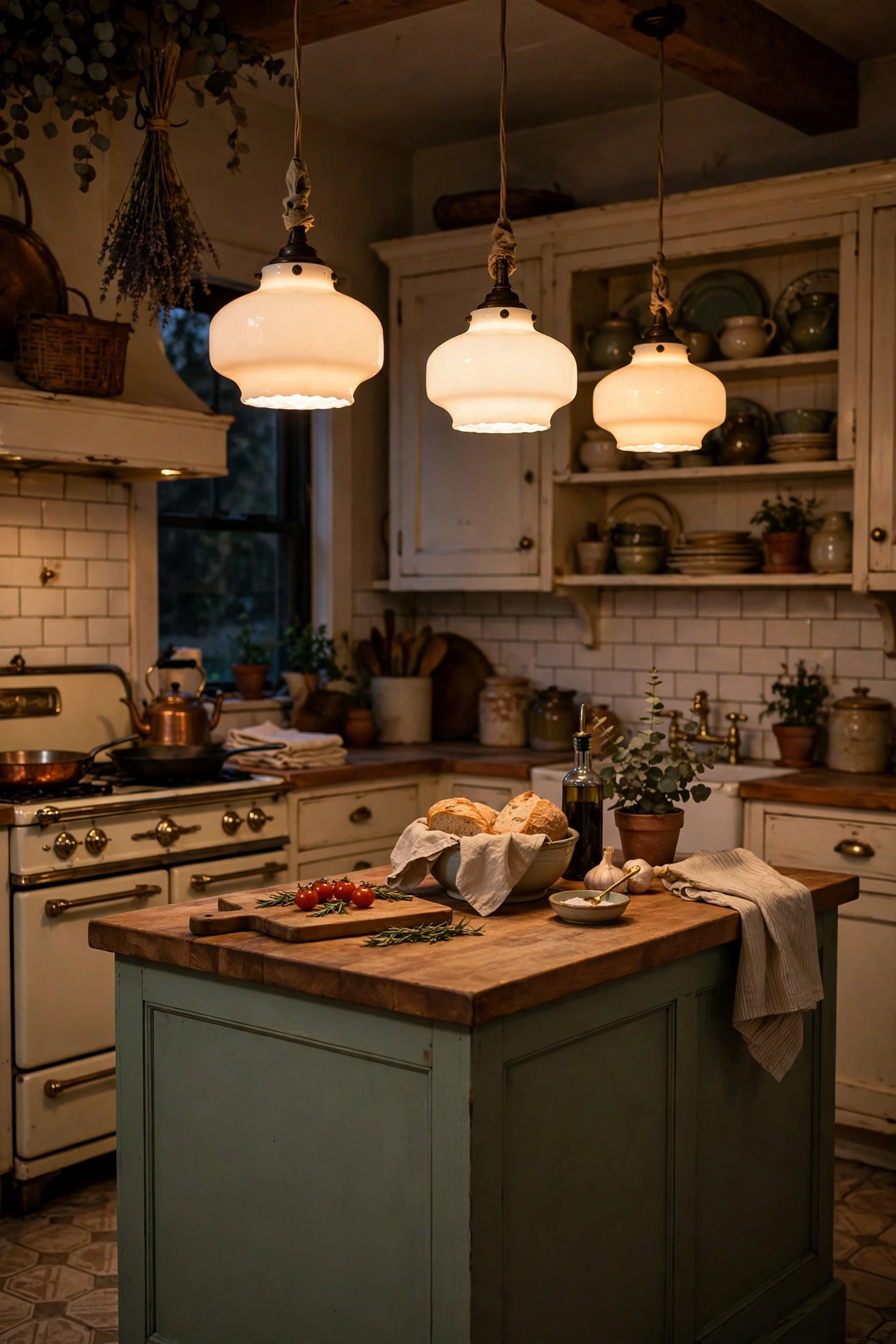 Milk glass pendant lights glowing over a sage green kitchen island