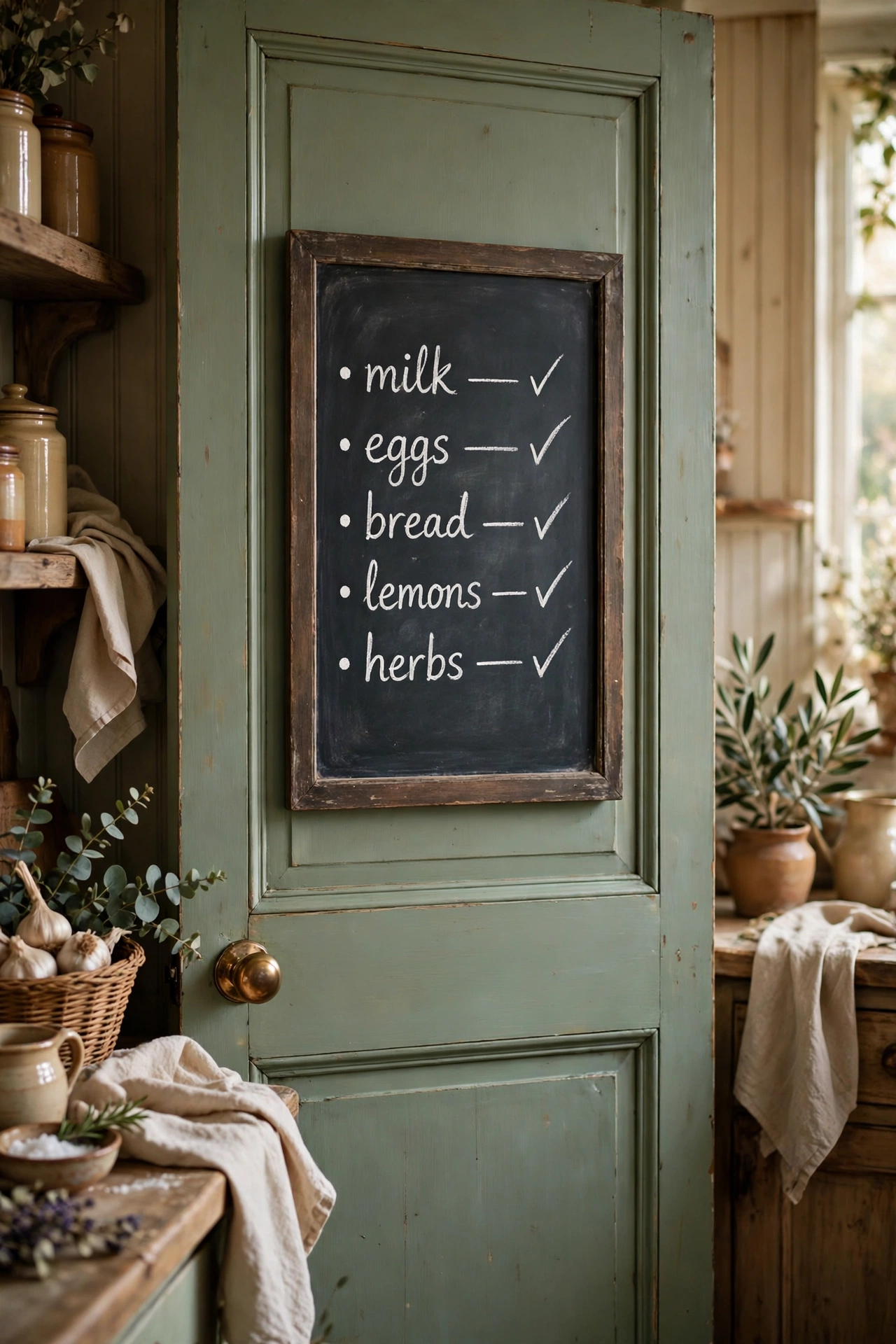 Sage green pantry door with a framed chalkboard panel for shopping lists