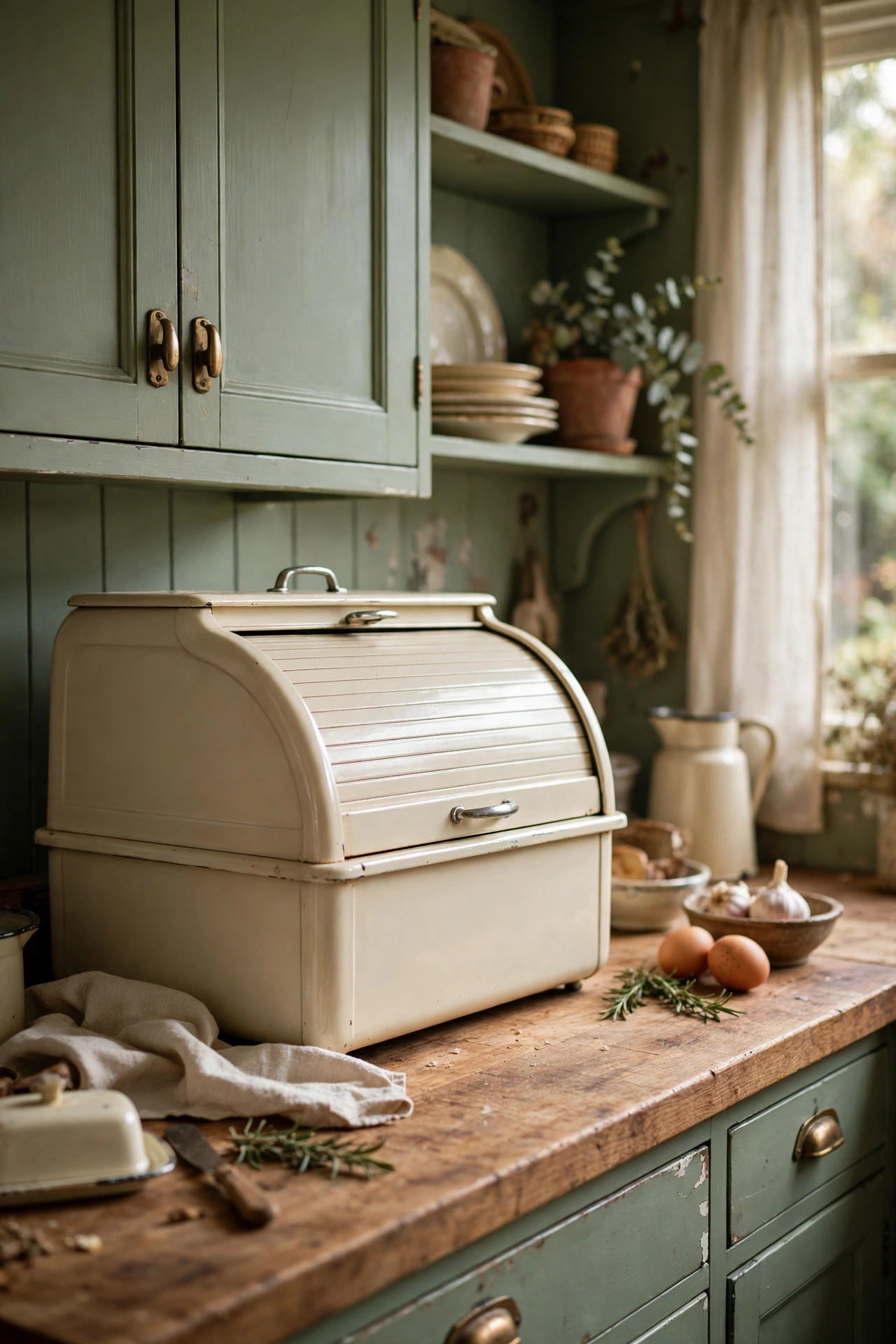 Cream retro roll-top bread bin on a sage green kitchen worktop
